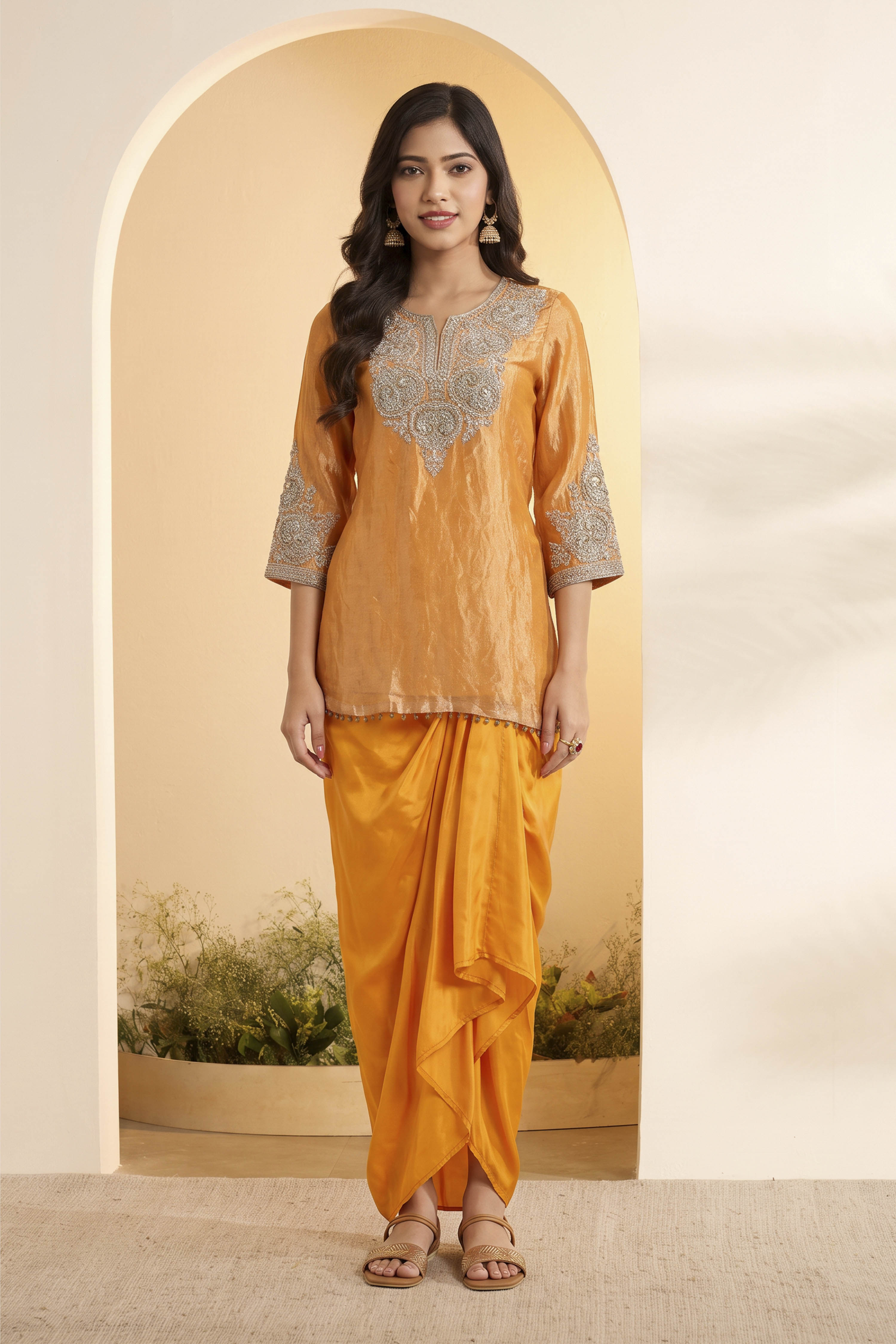 Orange Silk Tissue Embroidered Kurta with Drape Skirt image number 0