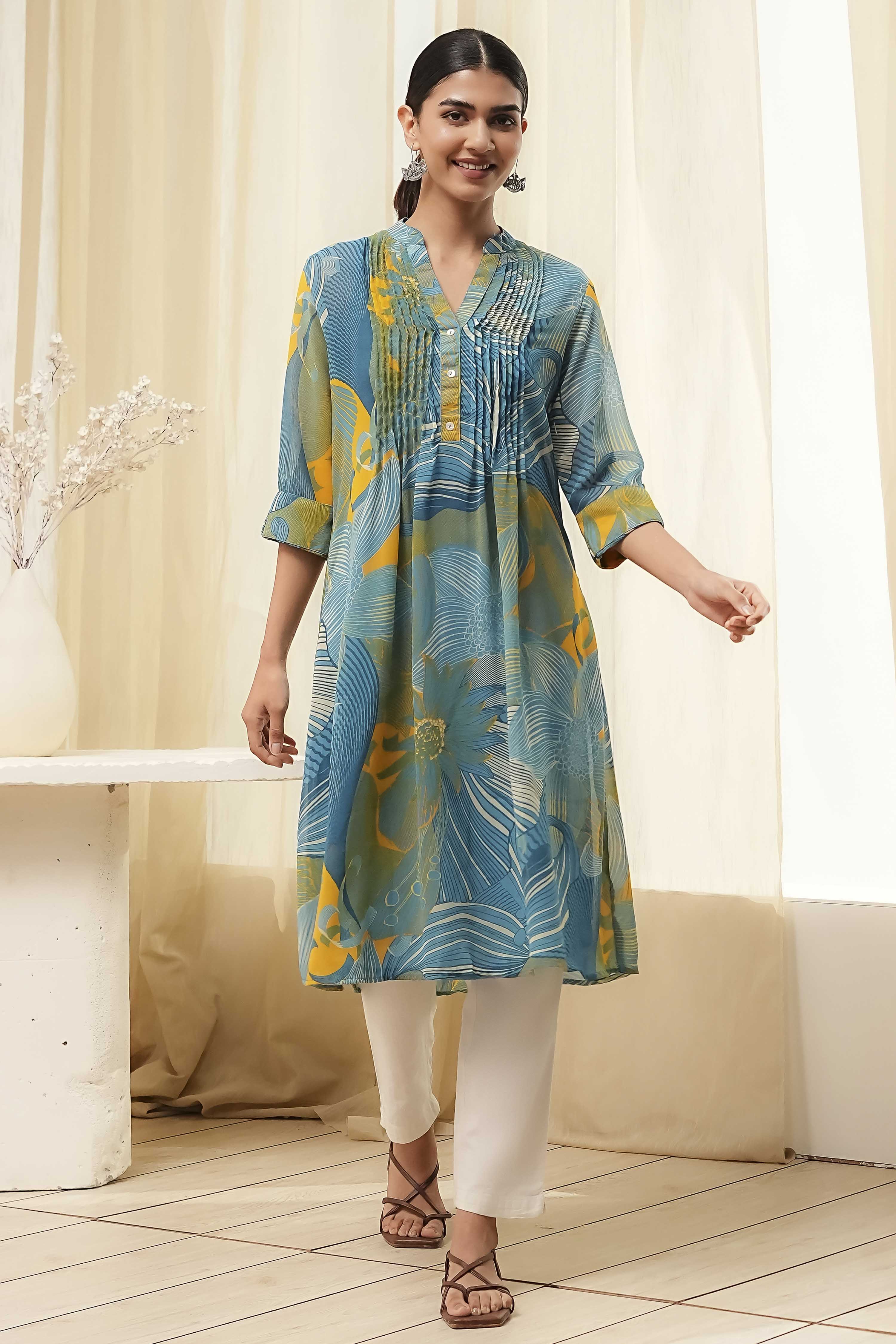 Blue Printed Pleated A-Line Kurta image number 5