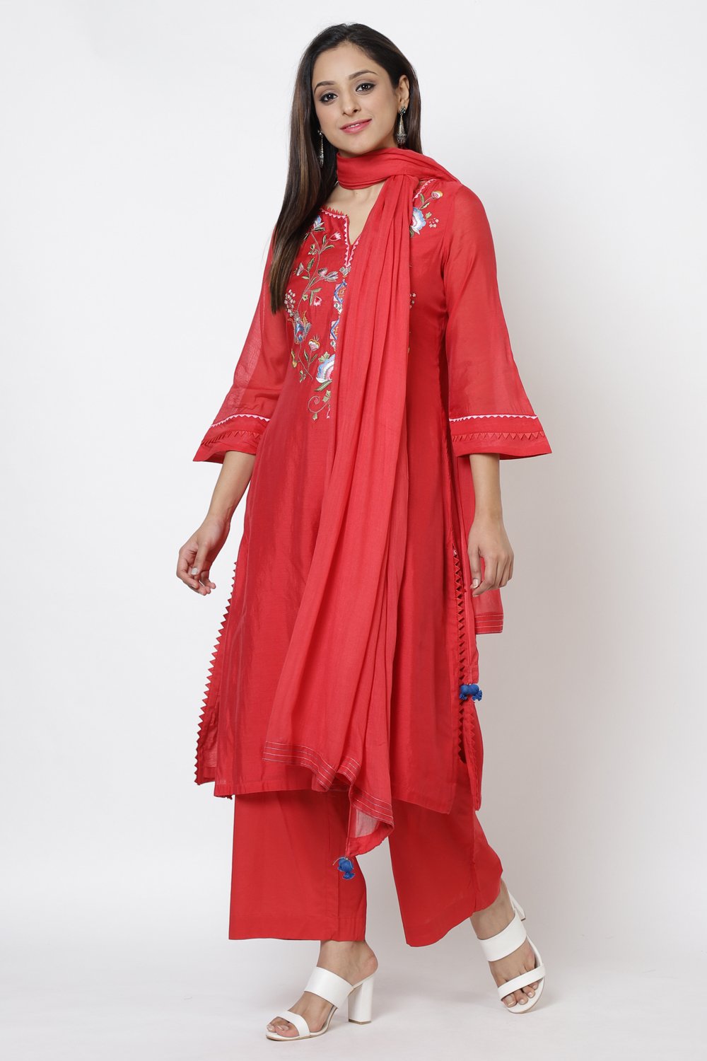 Red Poly Cotton Straight Kurta Palazzo Suit Set image number 2