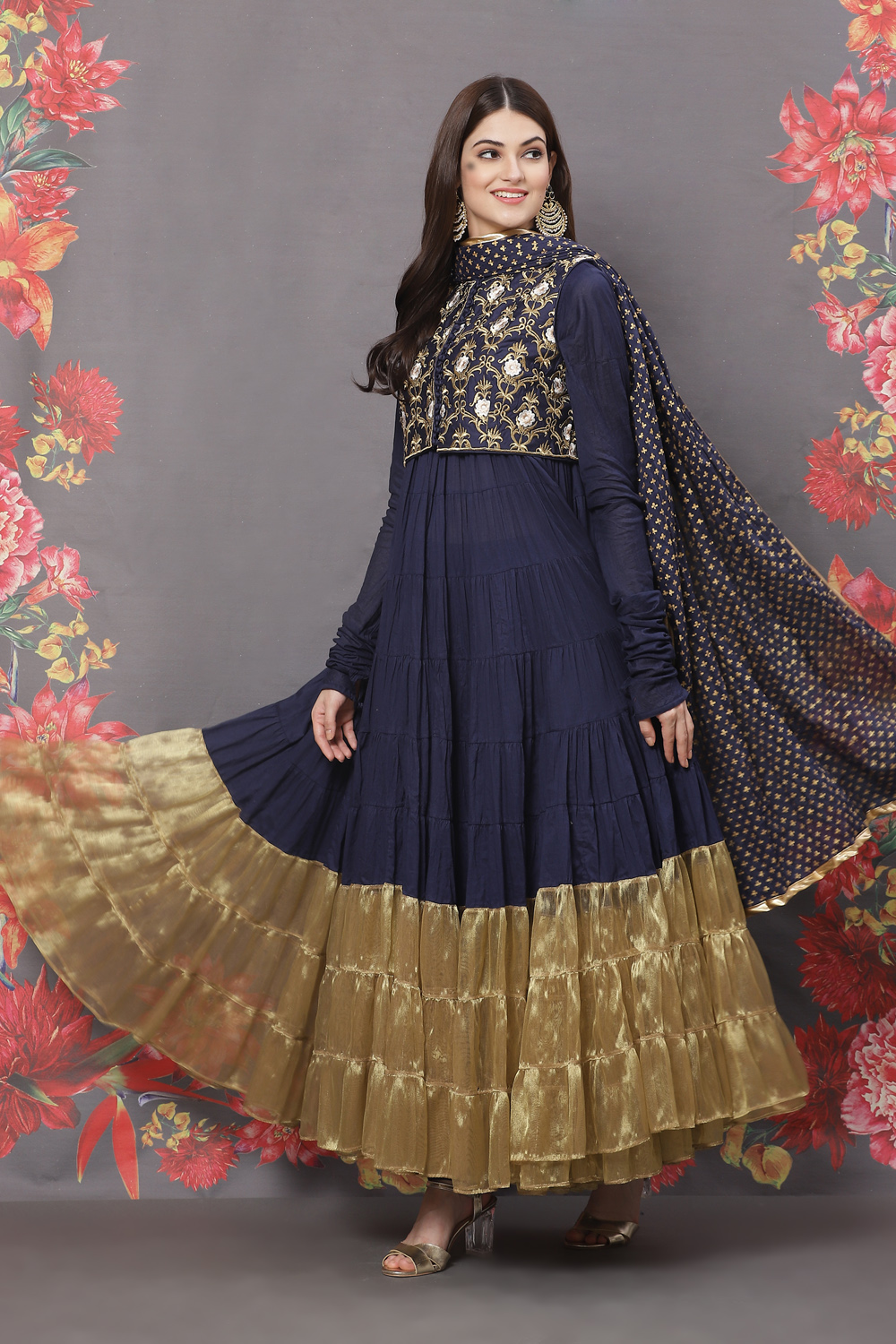 Rohit Bal Navy Blue Cotton Anarkali Solid Suit Set image number 5