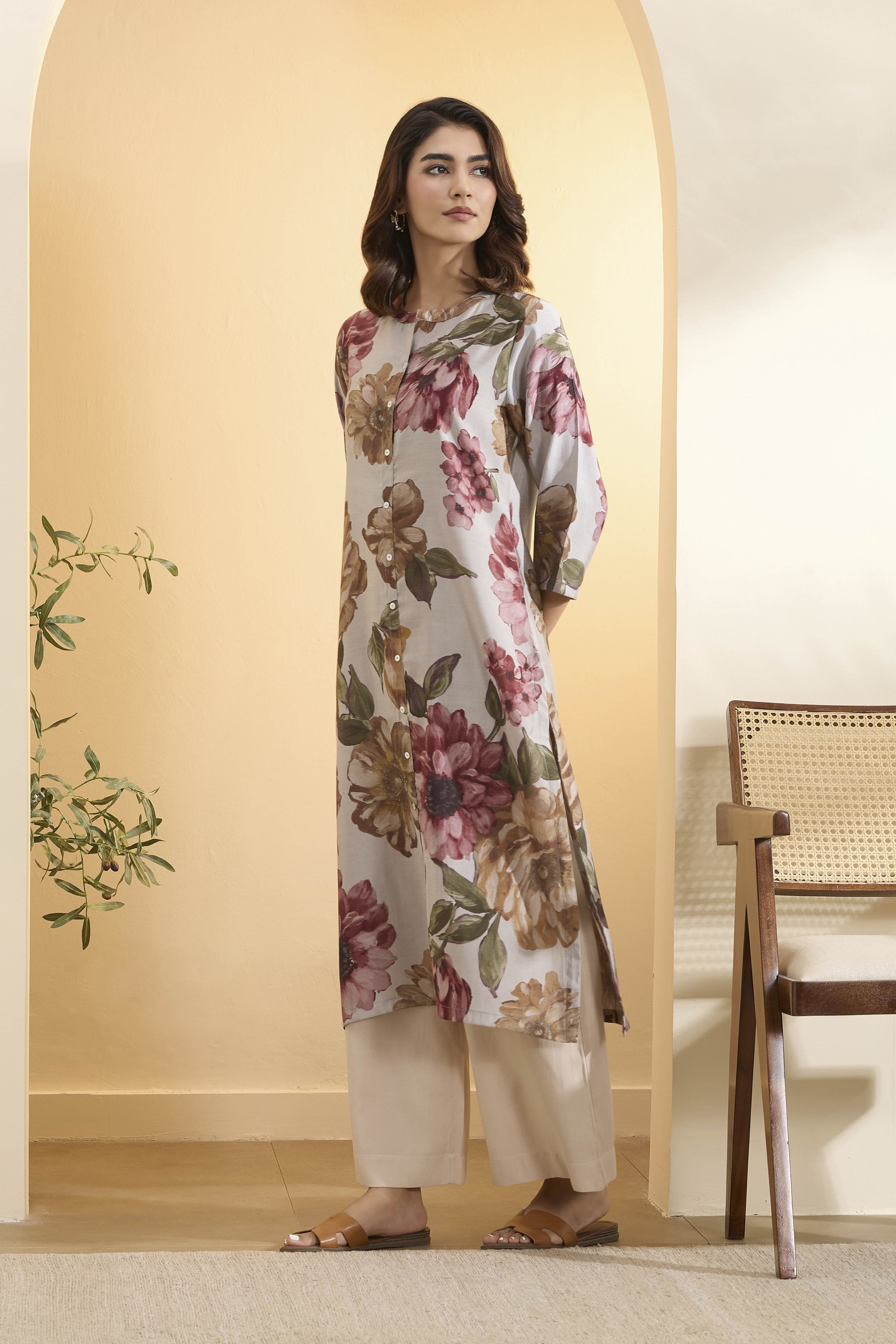 Grey Poly Viscose A Line Kurta image number 2