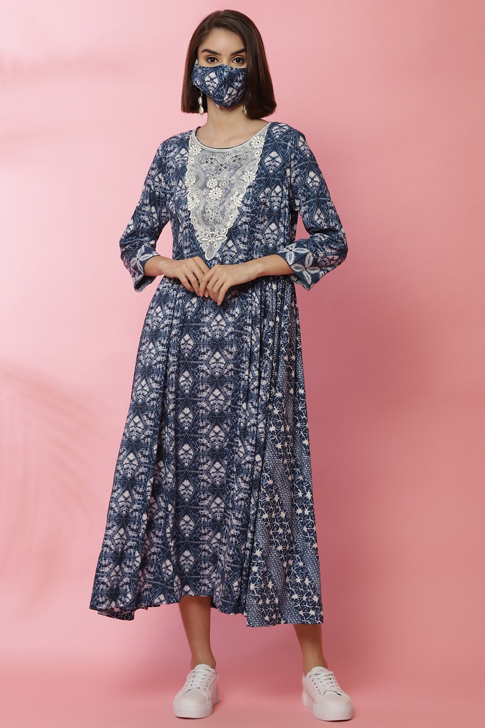 Blue Rayon Flared Lace Printed Dress image number 3