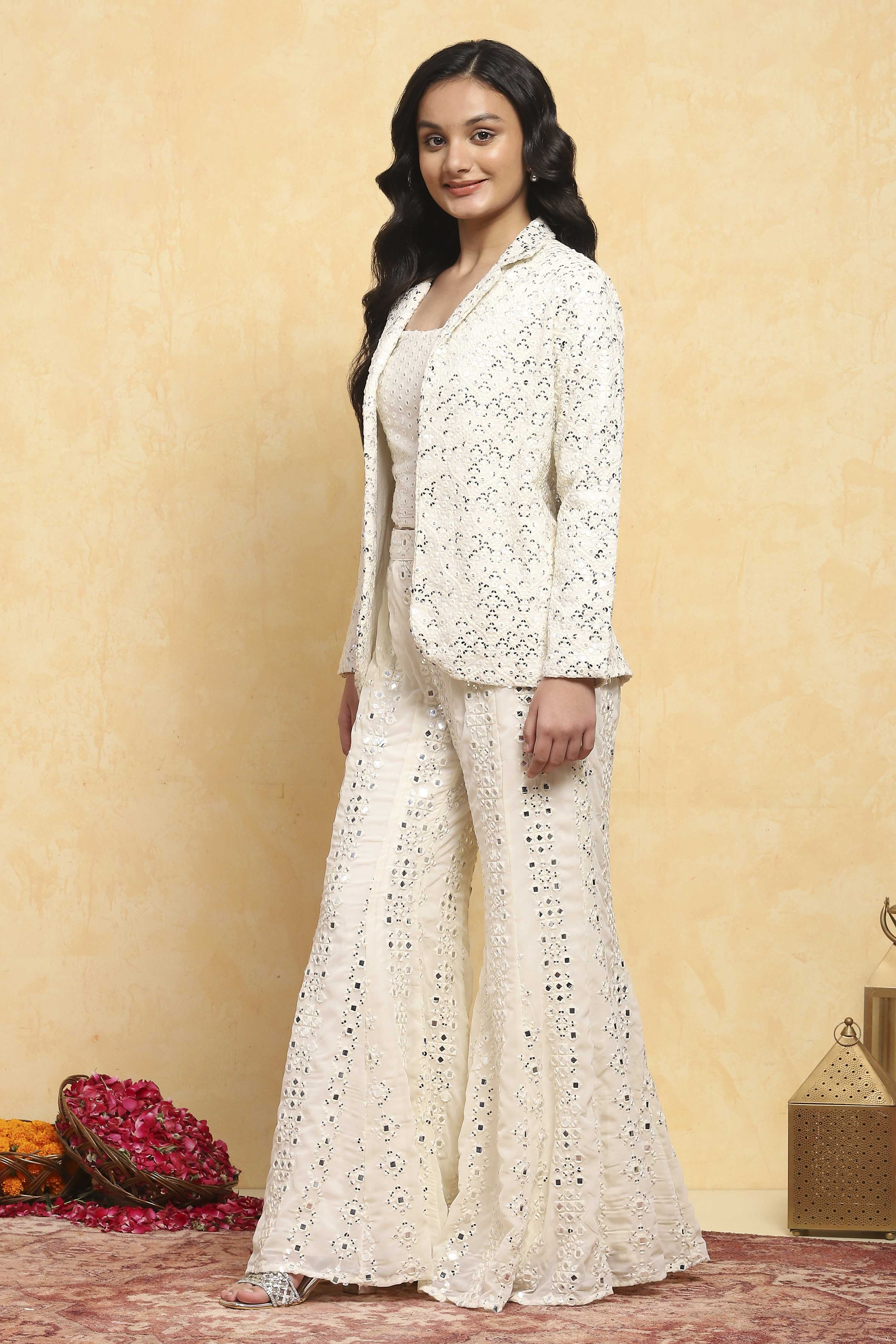 White Poly Georgette Embroidered Straight 3 Piece Set image number 3