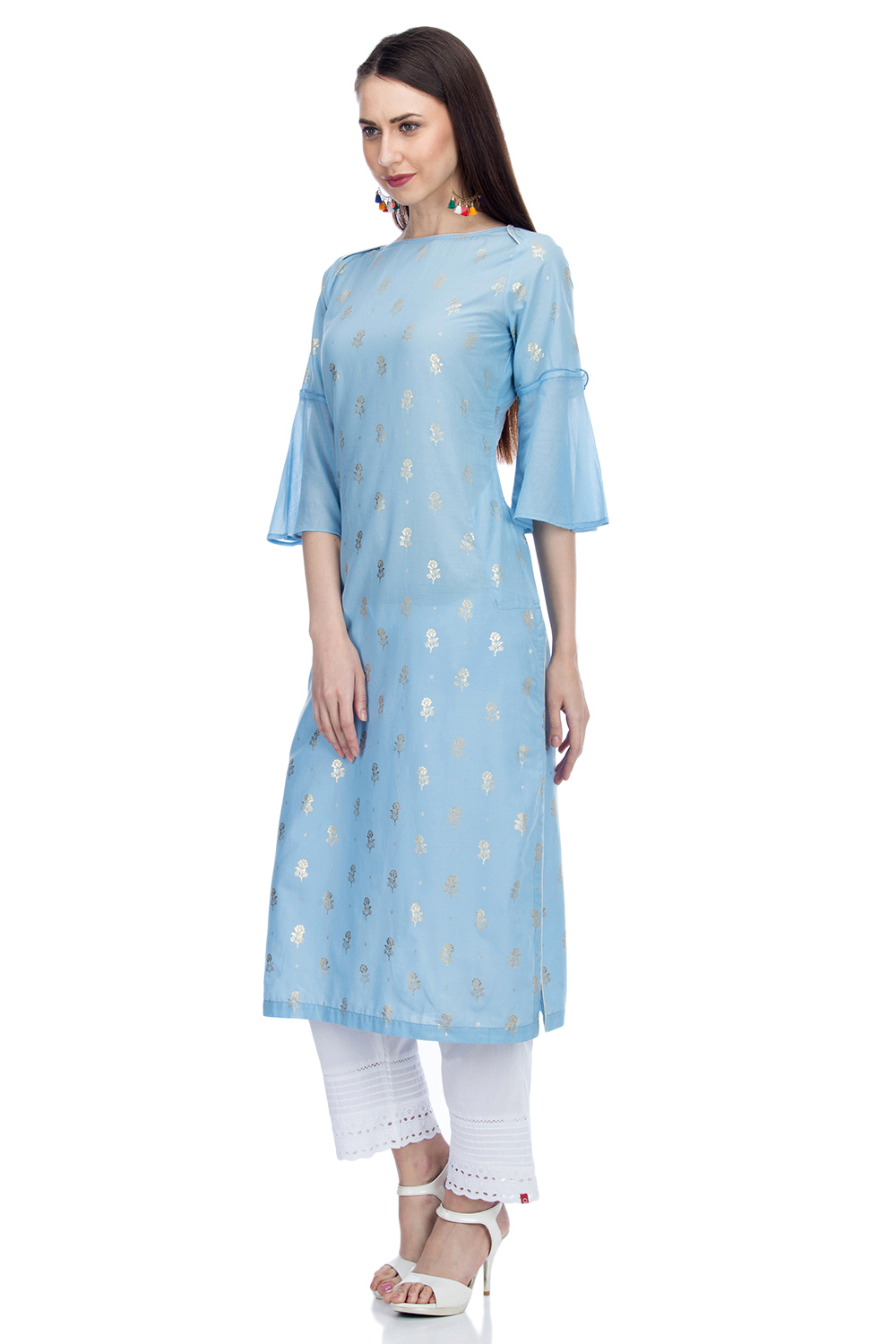 Blue Straight Cotton Printed Kurta image number 2