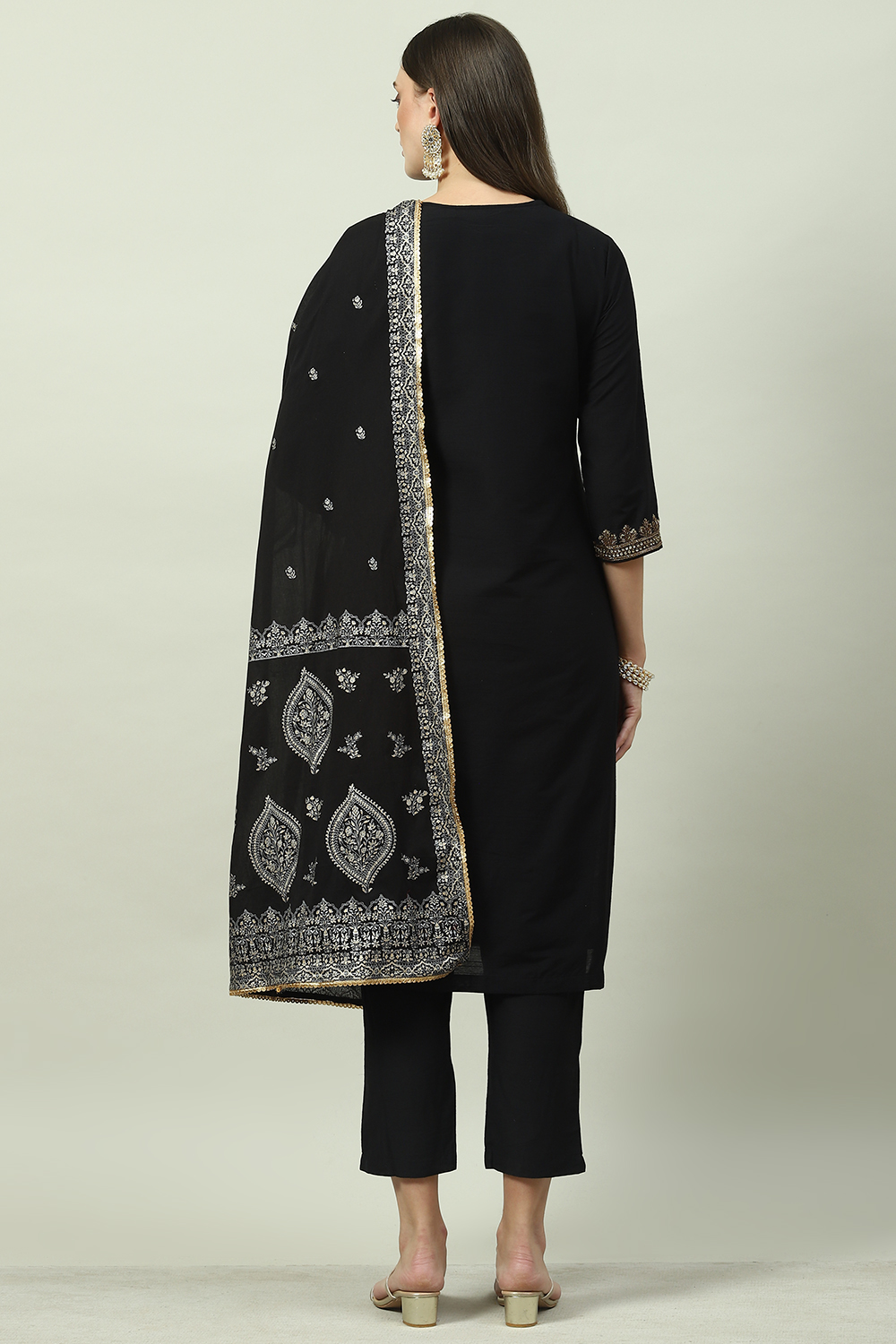 Black Poly Viscose A-Line Kurta Slim Pant Suit Set image number 4