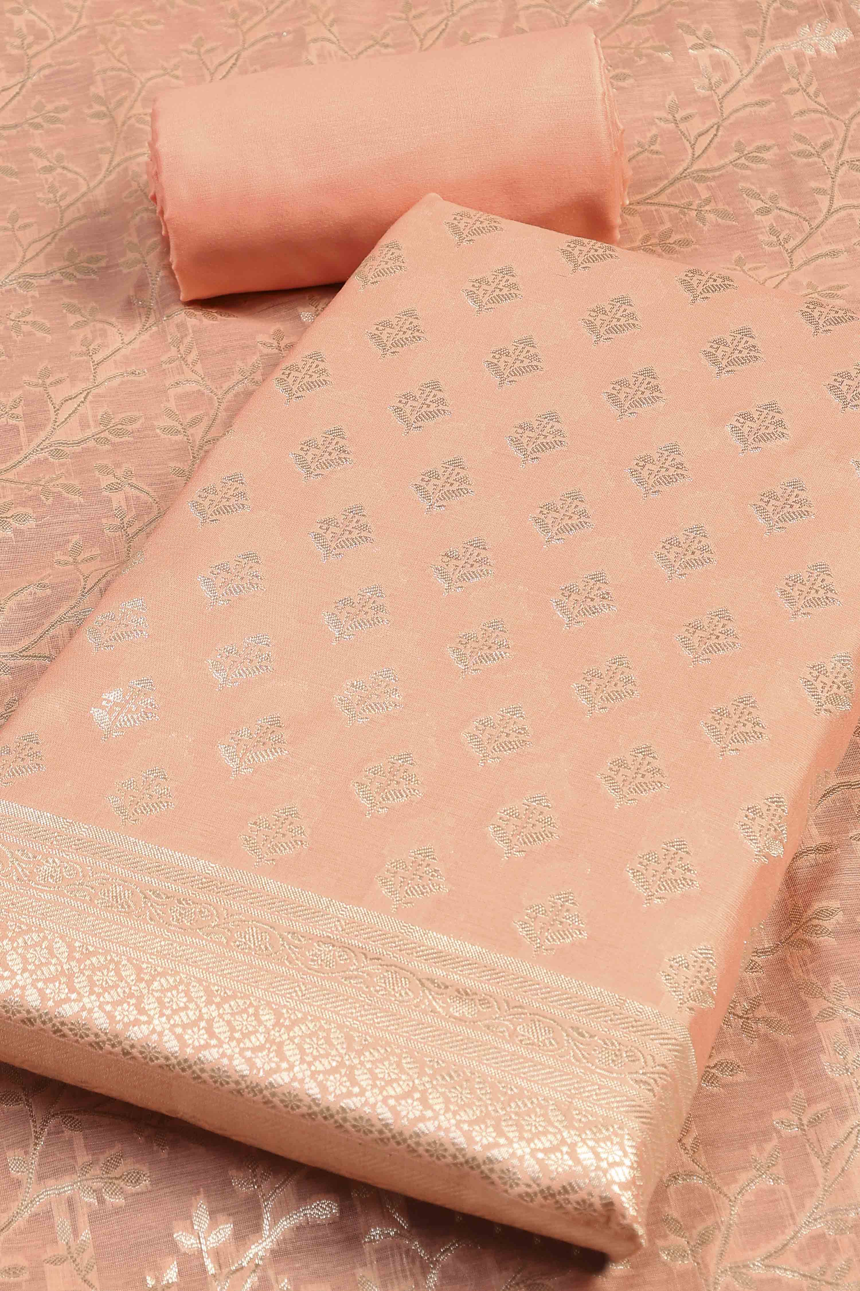 Light Pink Chanderi Ethnic Motif Unstitched Suit Set image number 1