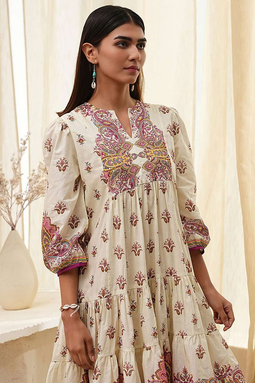 Beige Cotton Printed Tiered Dress image number 1