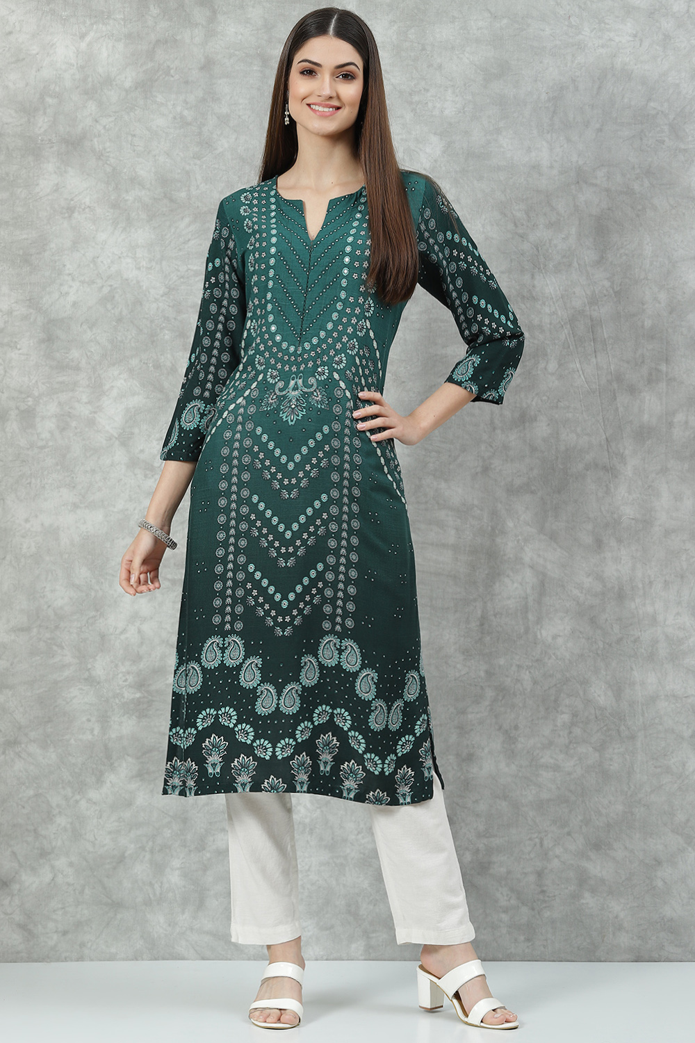 Navy LIVA Straight Printed Kurta image number 0