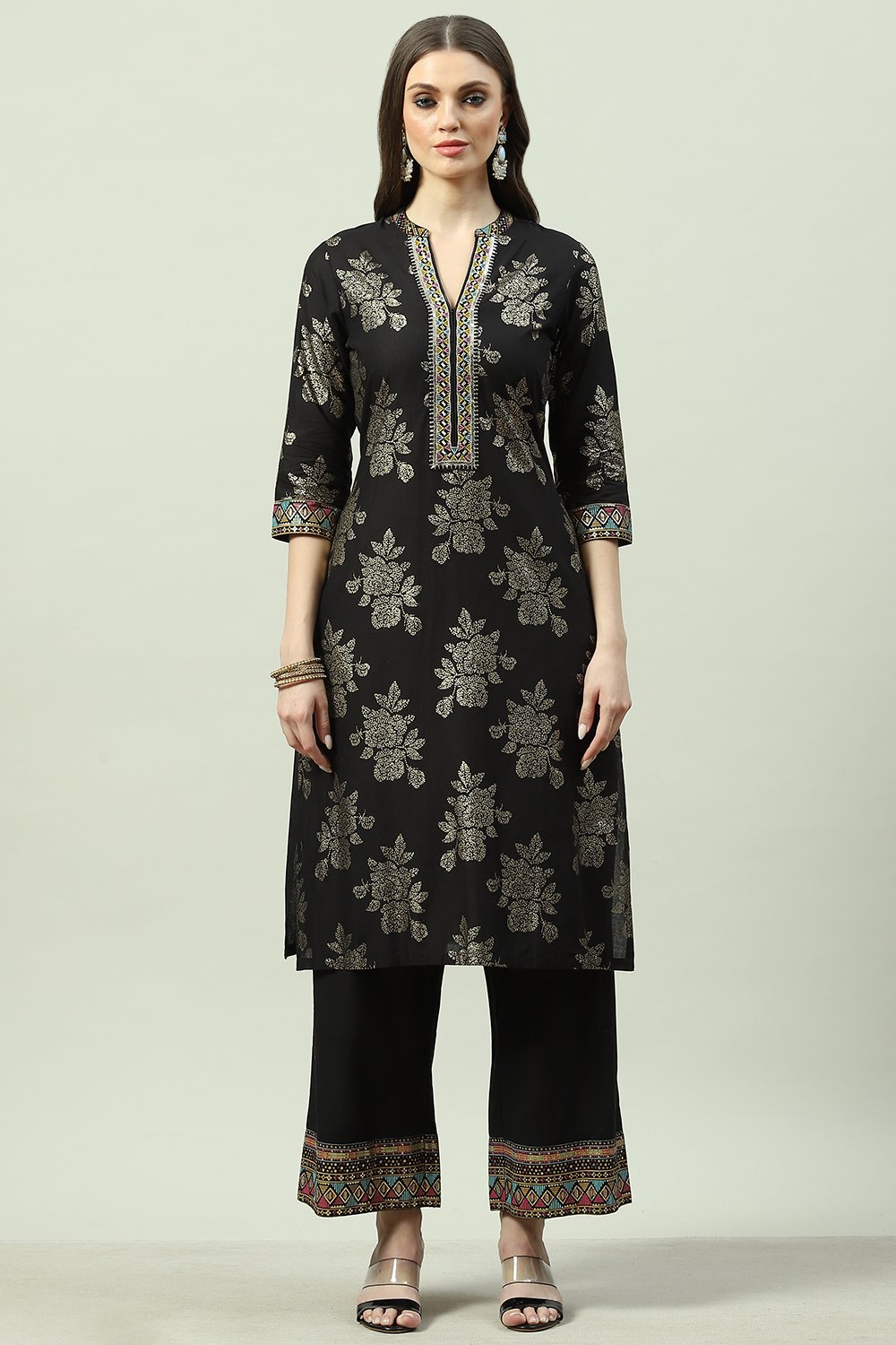 Black Cotton Straight Kurta Palazzo Suit Set image number 9