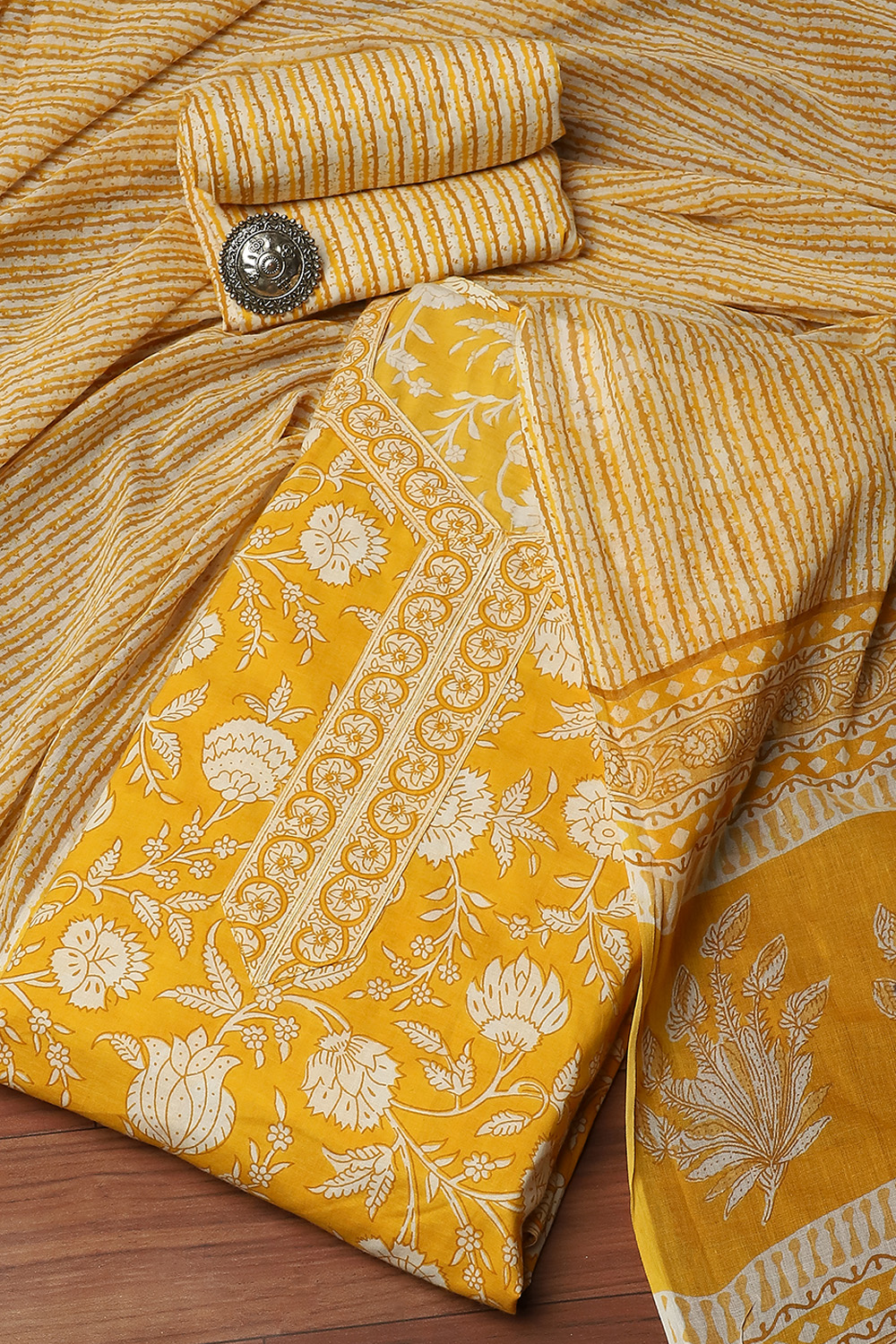 Yellow Cotton Hand Block Printed Suit Unstitched Dress Material main image 1