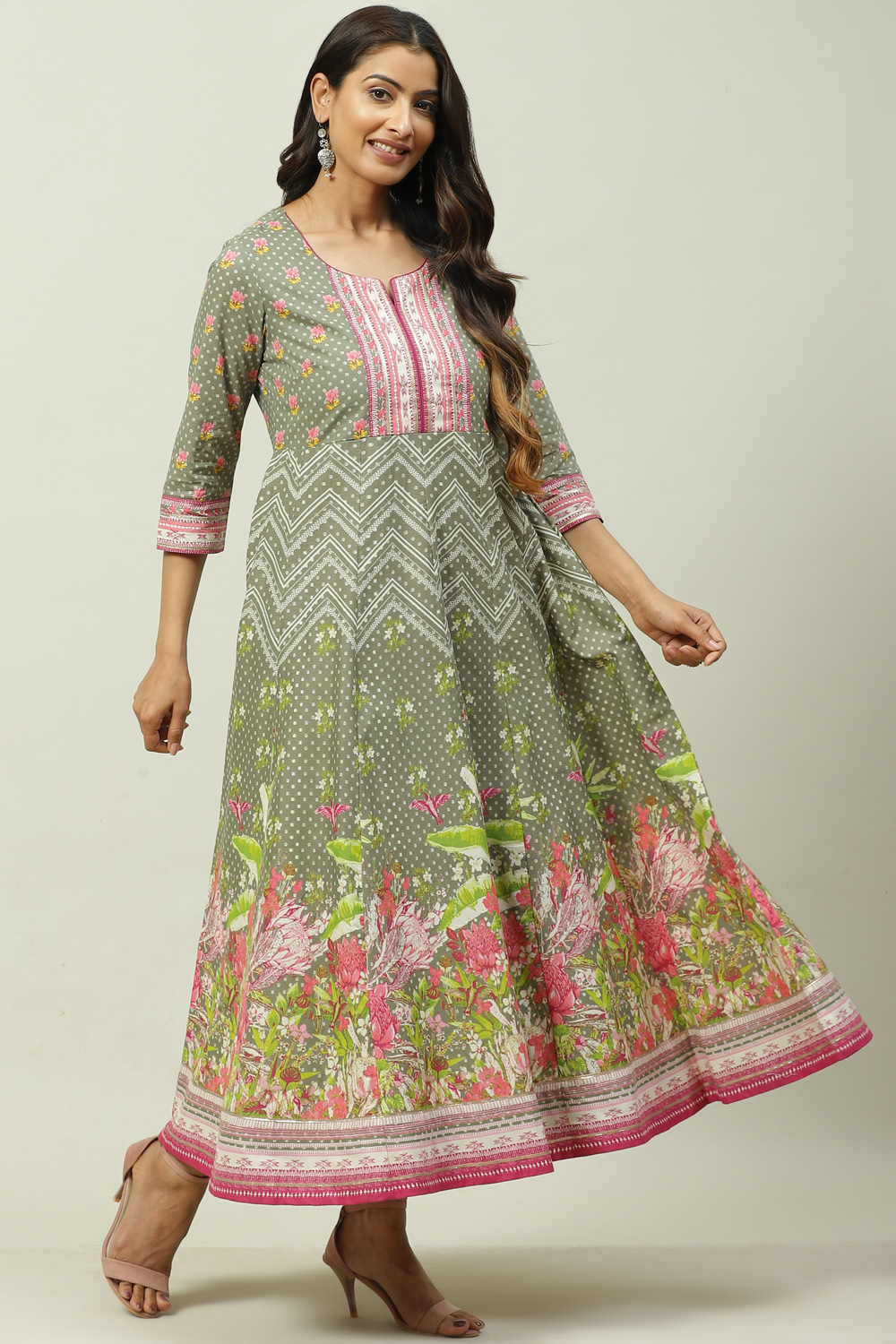 Olive Green Cotton Flared Printed Dress image number 2