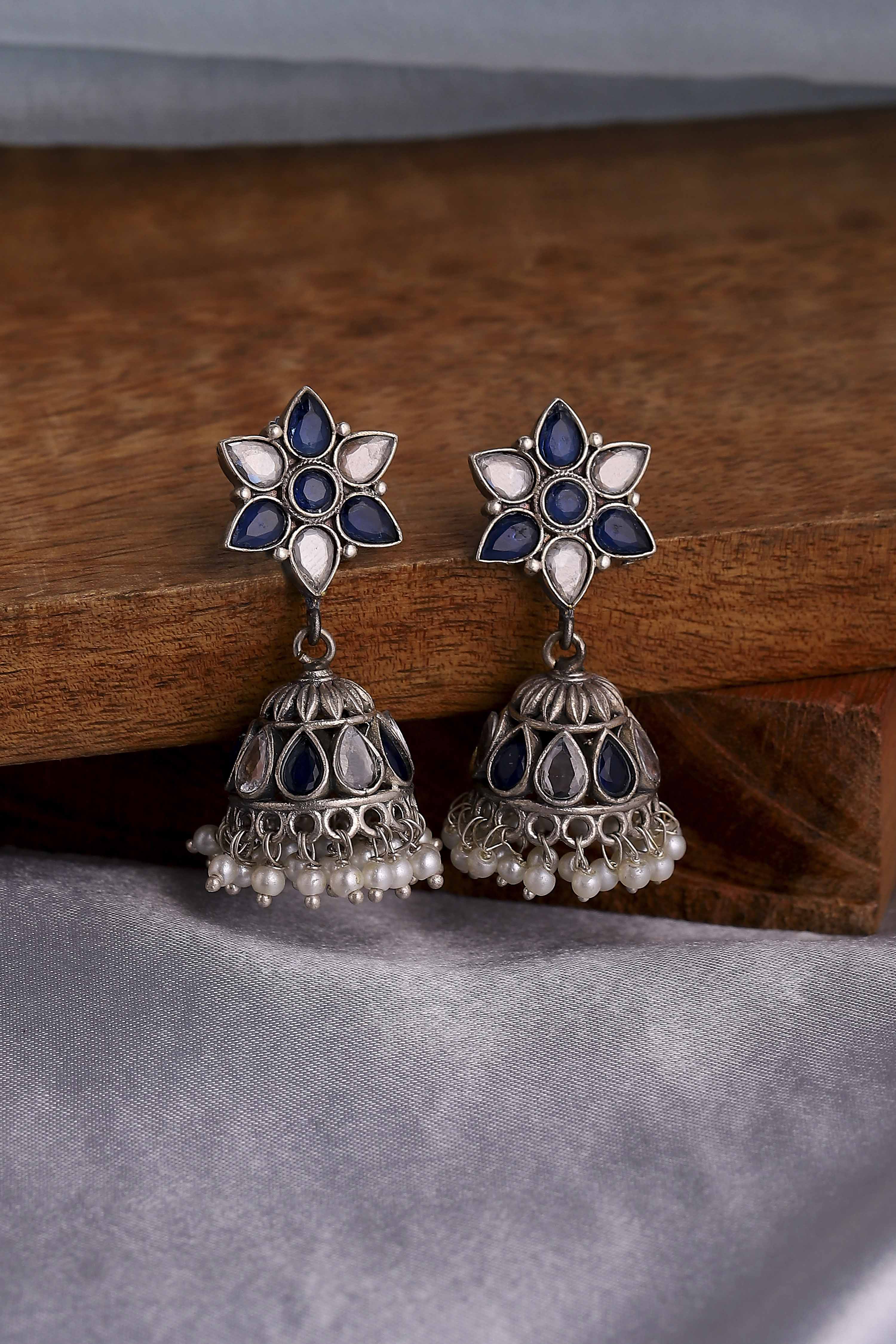 Blue Oxidized Brass Studded Jhumkas image number 0