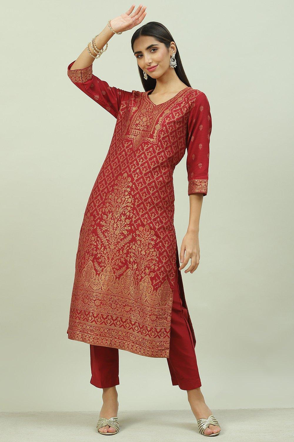 Maroon Art Silk Straight Kurta Slim Pants Suit Set image number 6