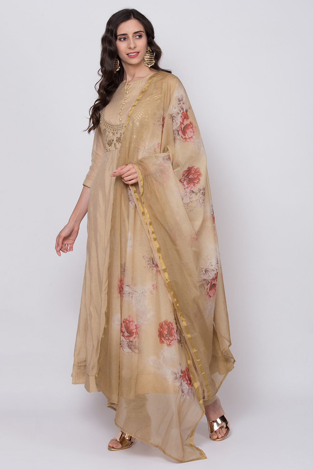 Beige Poly Cotton Anarkali Kurta Churidar Suit Set image number 1