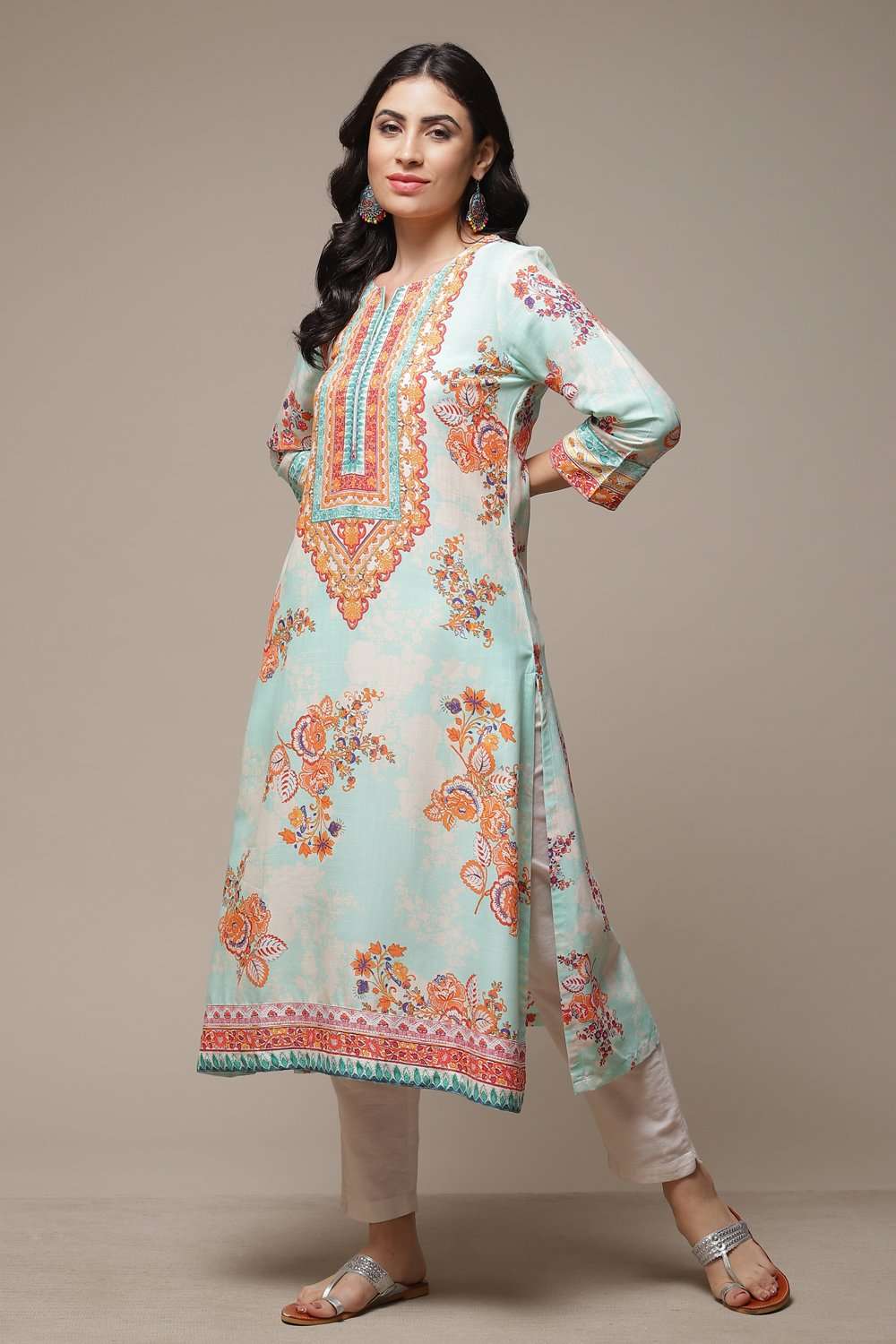 Sky Blue LIVA Straight Printed Kurta image number 0