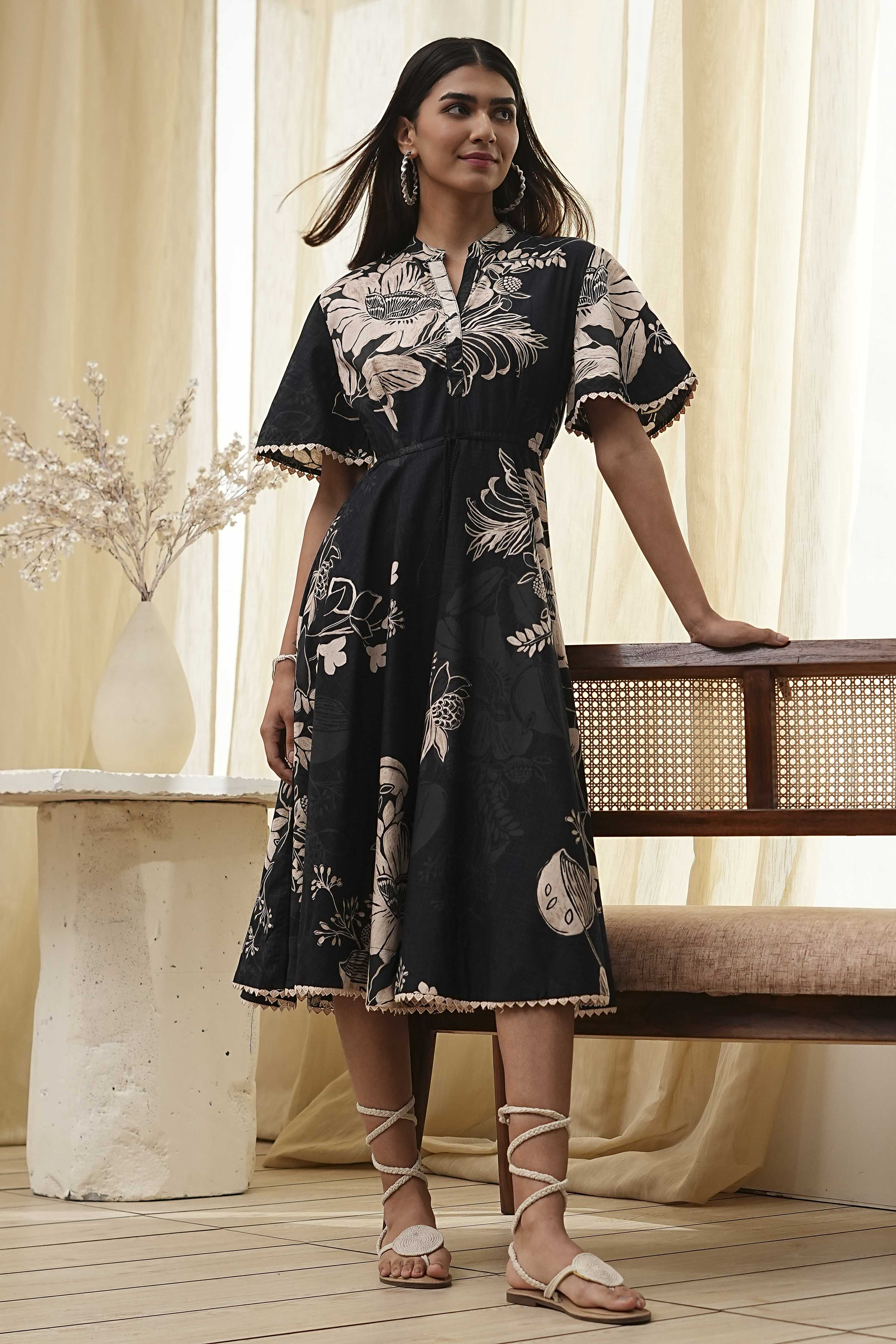 Black Cotton Floral Flared Dress image number 0