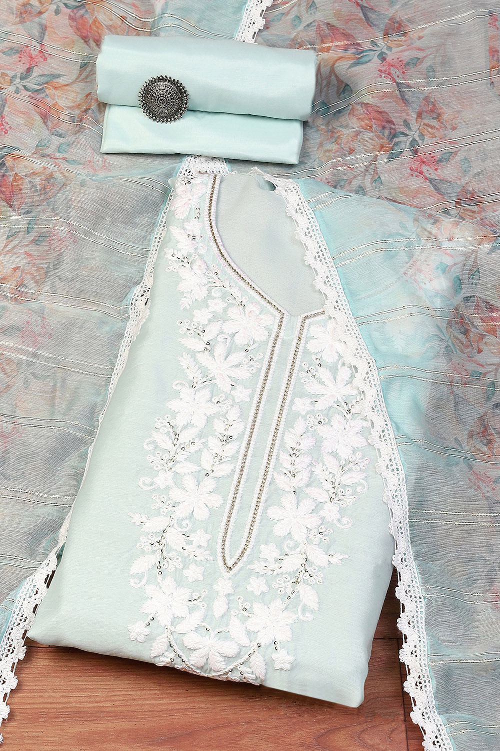 Sky Blue Chanderi Blend Machine Embroidered Unstitched Suit Set image number 0