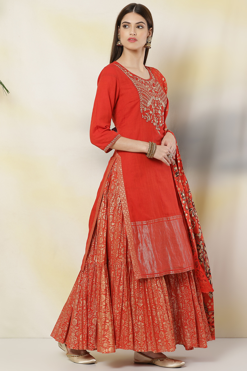 Red Cotton Straight Kurta Skirt Suit Set image number 6