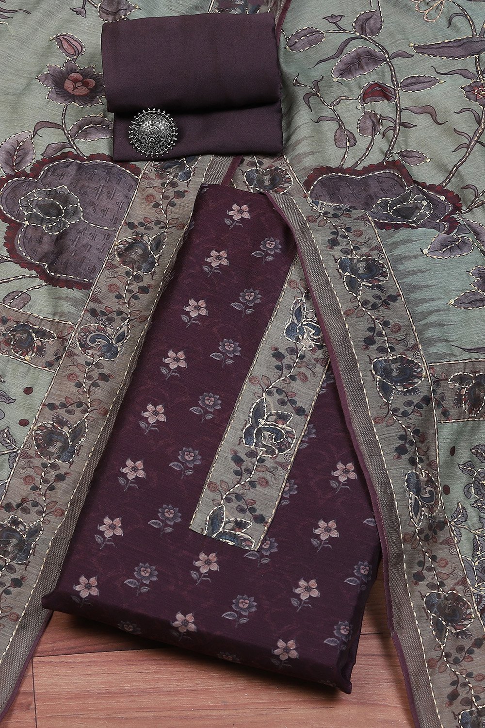 Dark Purple Chanderi Handloom Unstitched Suit Set image number 0