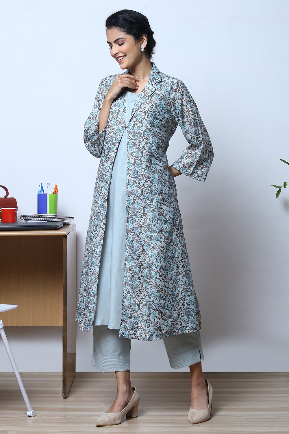 Smoke Blue Art Silk Fusion Kurta Relaxed Pant Suit Set image number 6