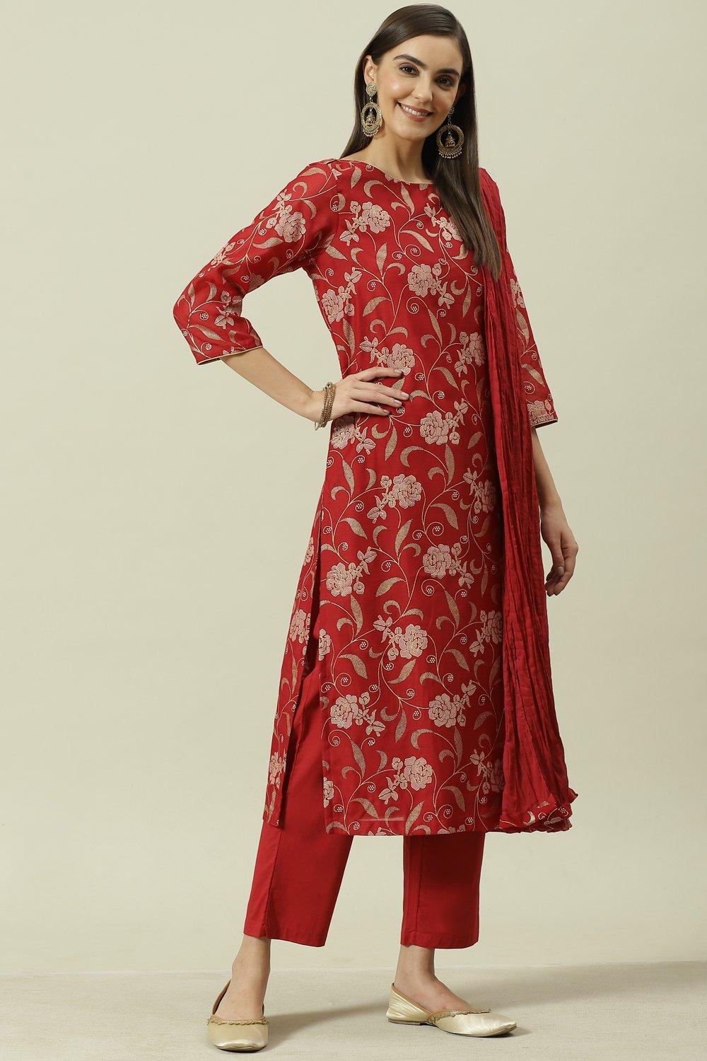 Red Printed Straight Kurta Regular Pant Suit Set Biba India