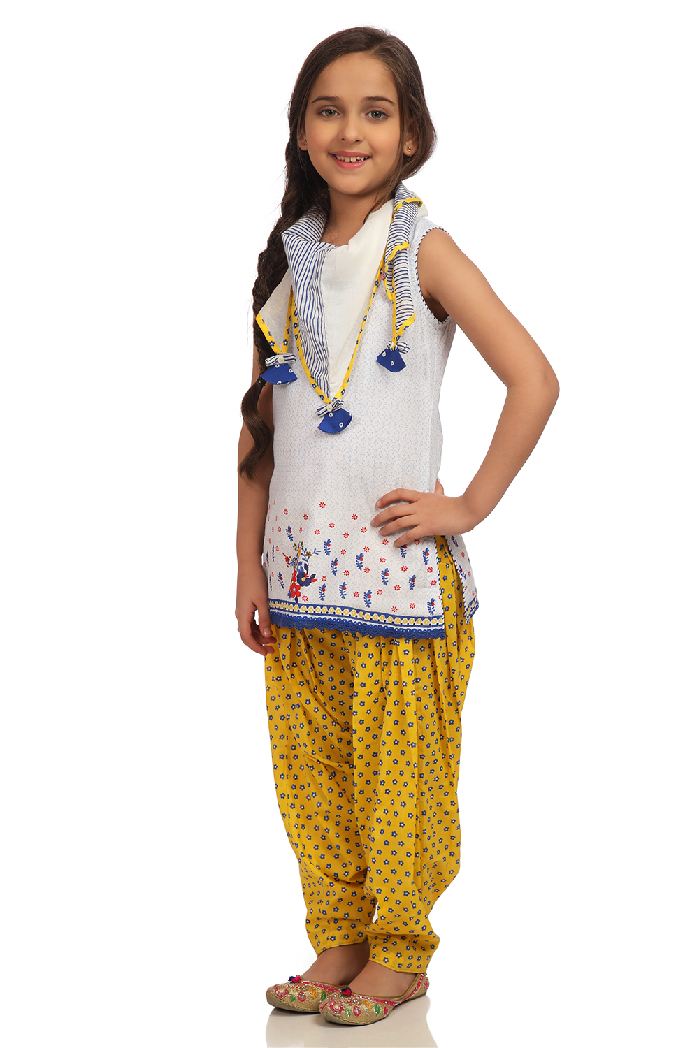 Off White And Yellow Straight Cotton Kurta Patiyala Salwar Suit Set image number 2