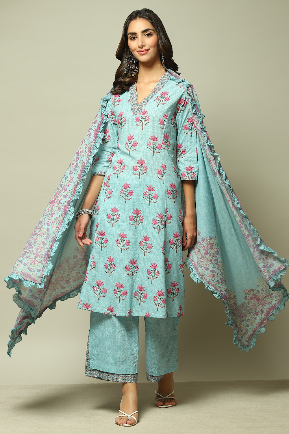 Turquoise Cotton A Line Kurta Palazzo Suit Set Biba India