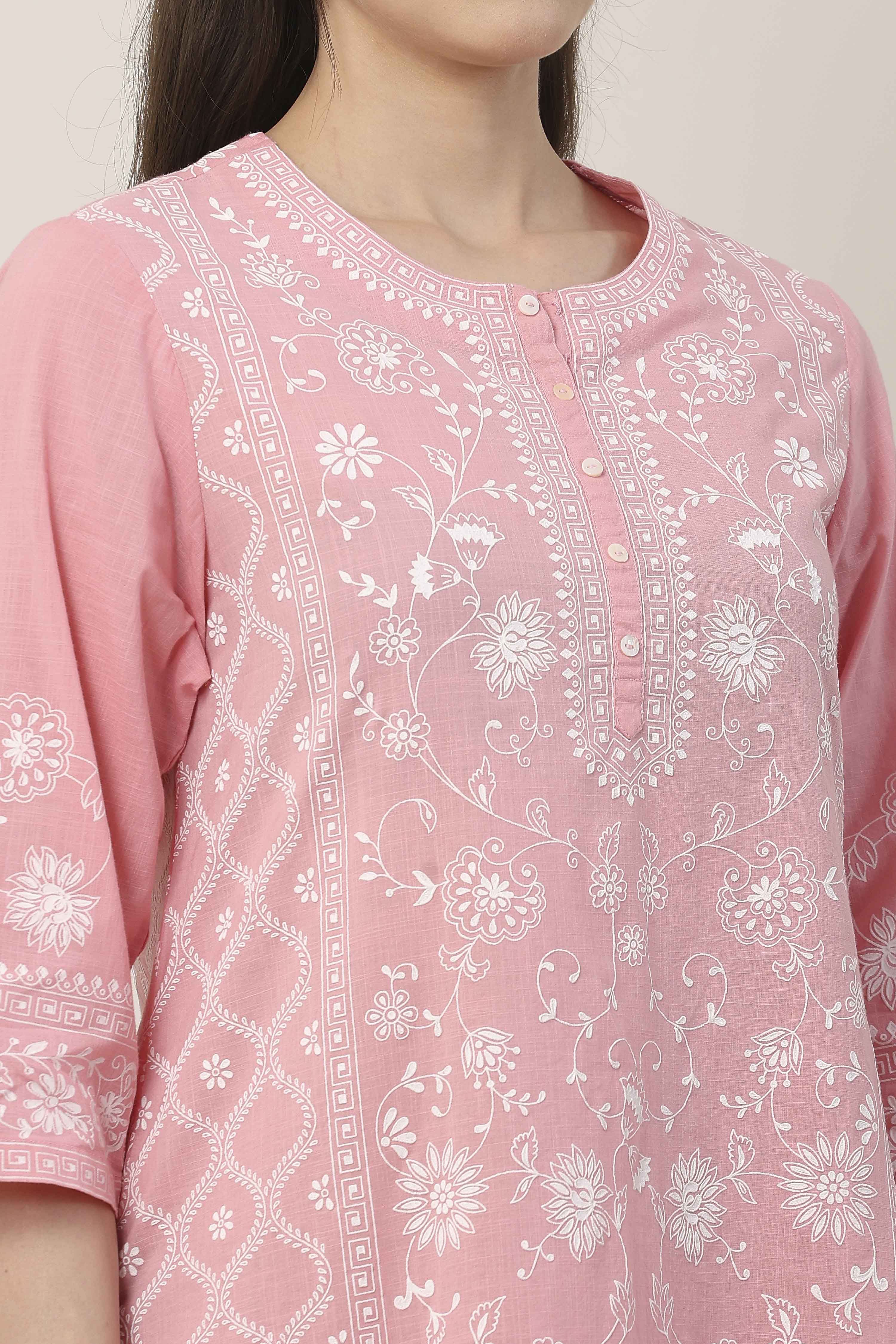 Pink & White Cotton Floral Printed Straight Suit Set image number 1