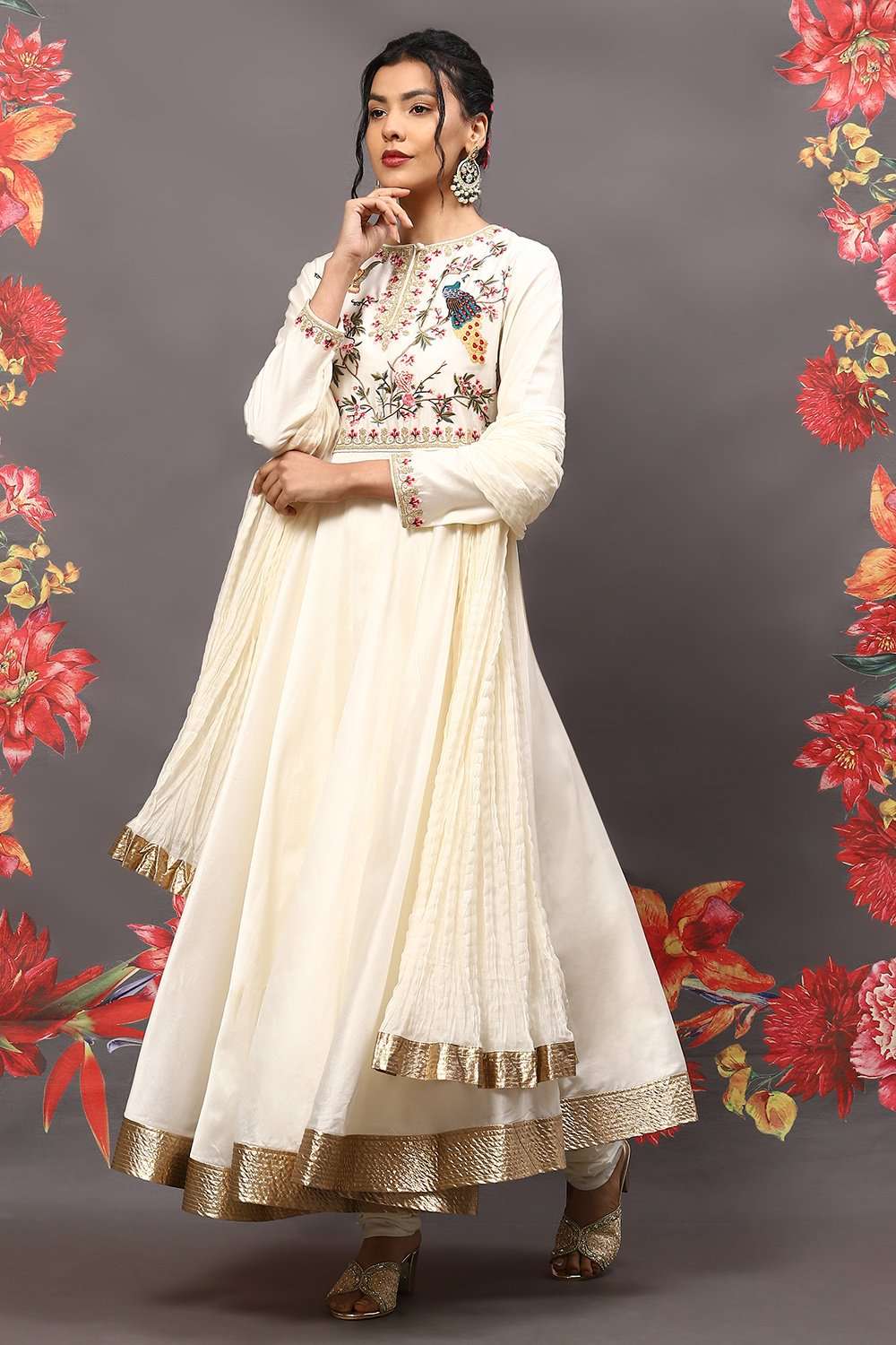 Rohit Bal Off White Cotton Blend Anarkali Kurta Suit Set image number 5