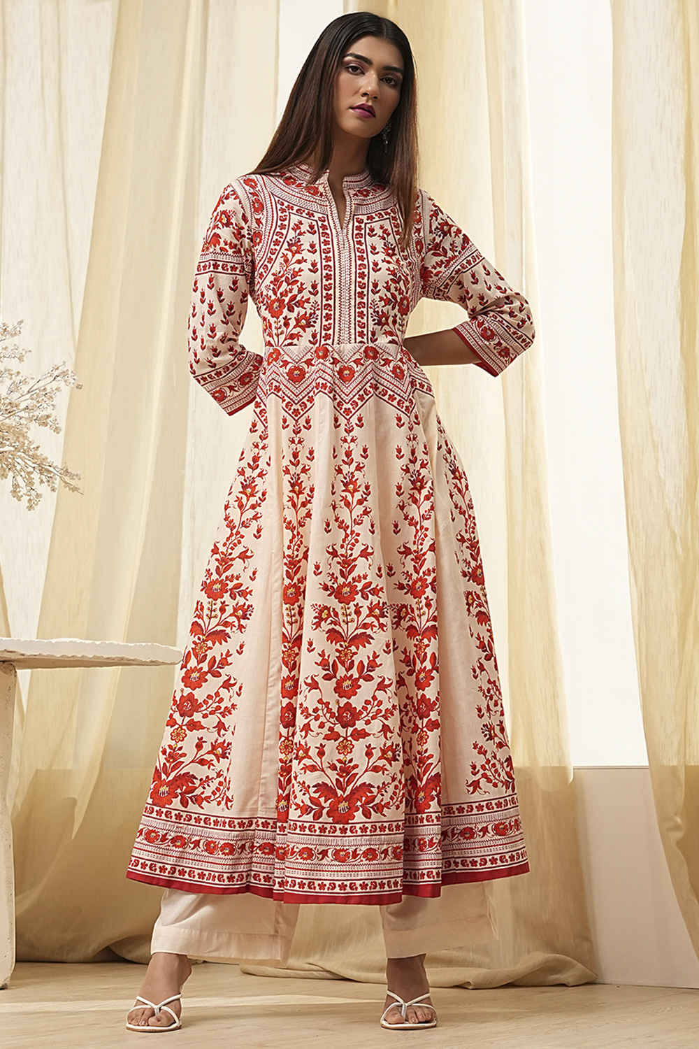 White and Black Cotton Printed Anarkali Kurta Set image number 0