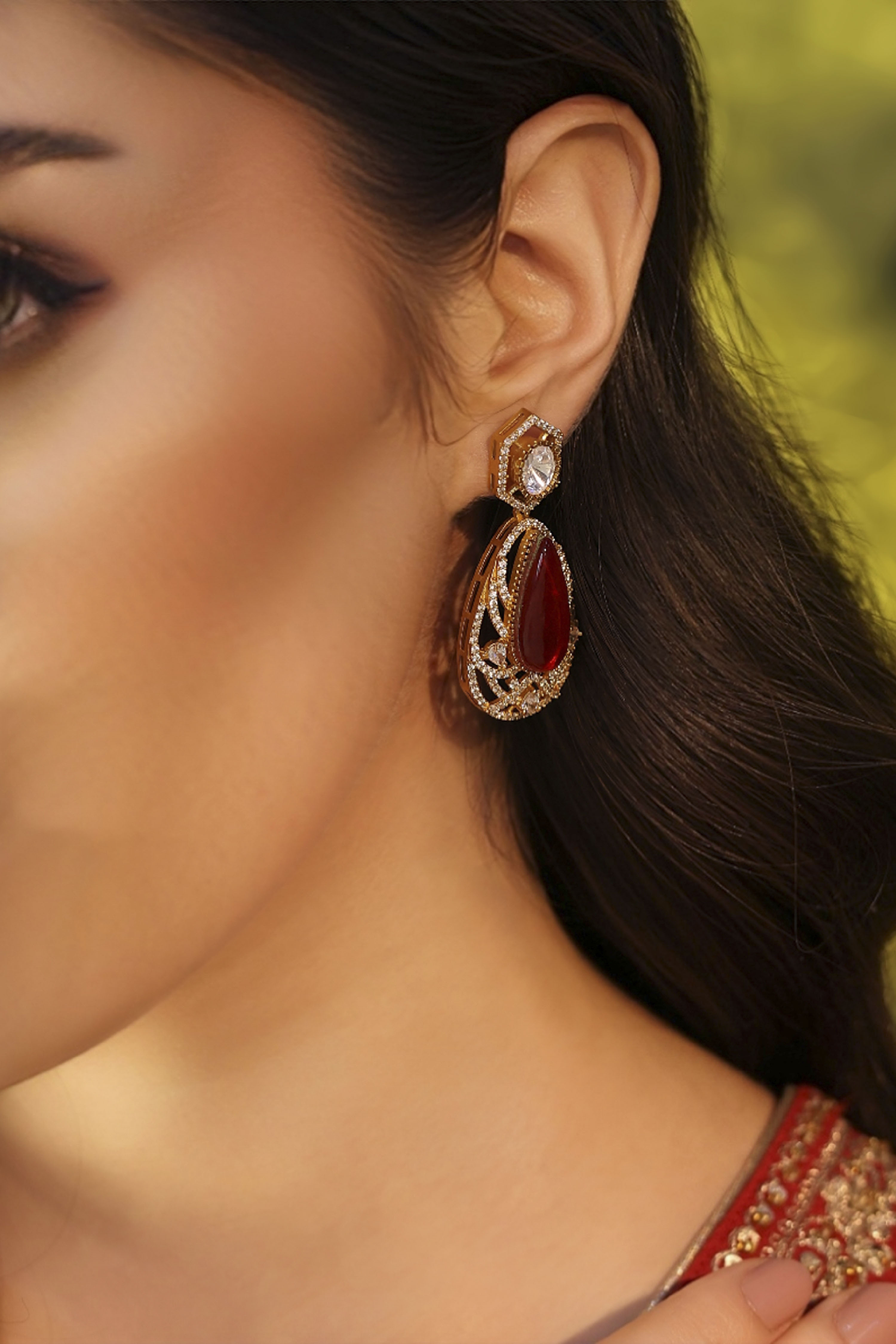 Red Brass Kundan Drop & Danglers image number 1