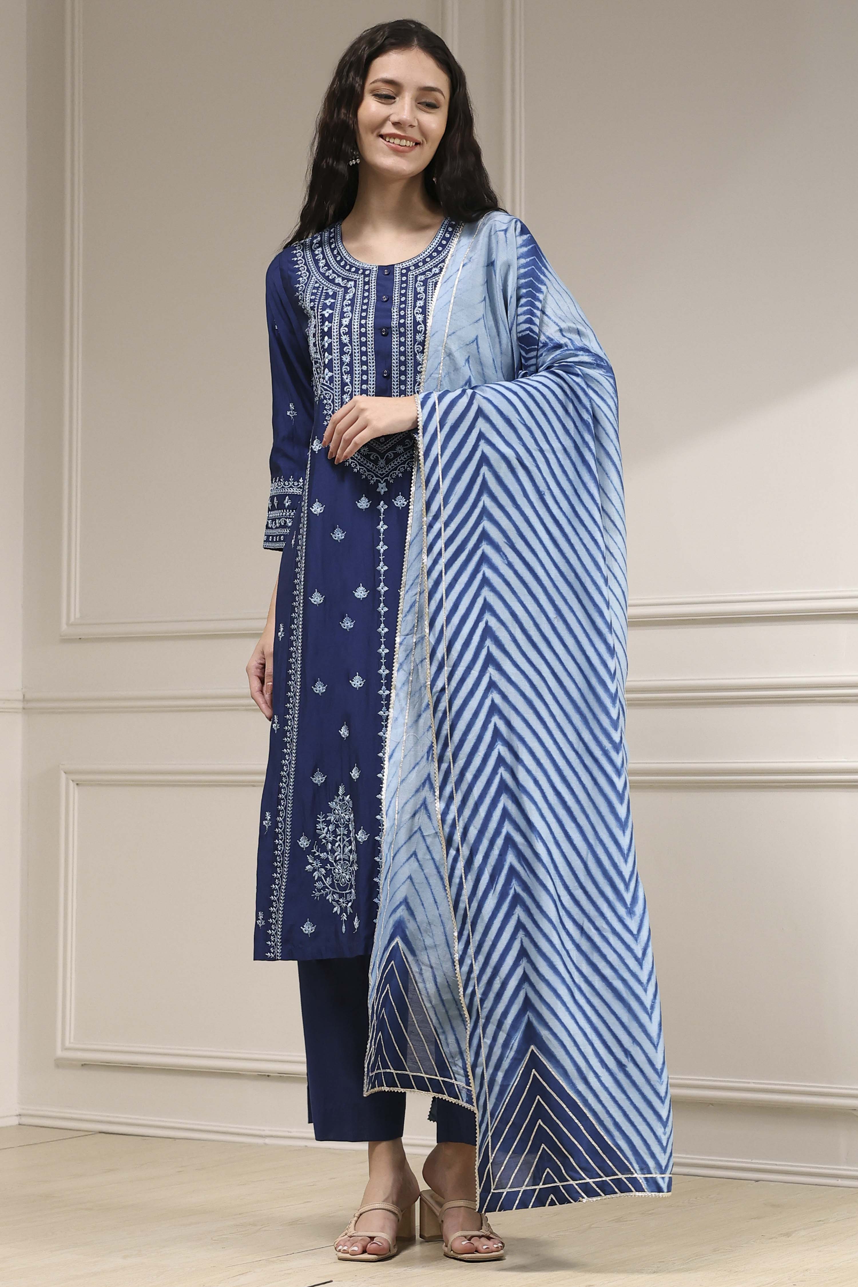 Blue Dyed Printed Straight Suit Set image number 6