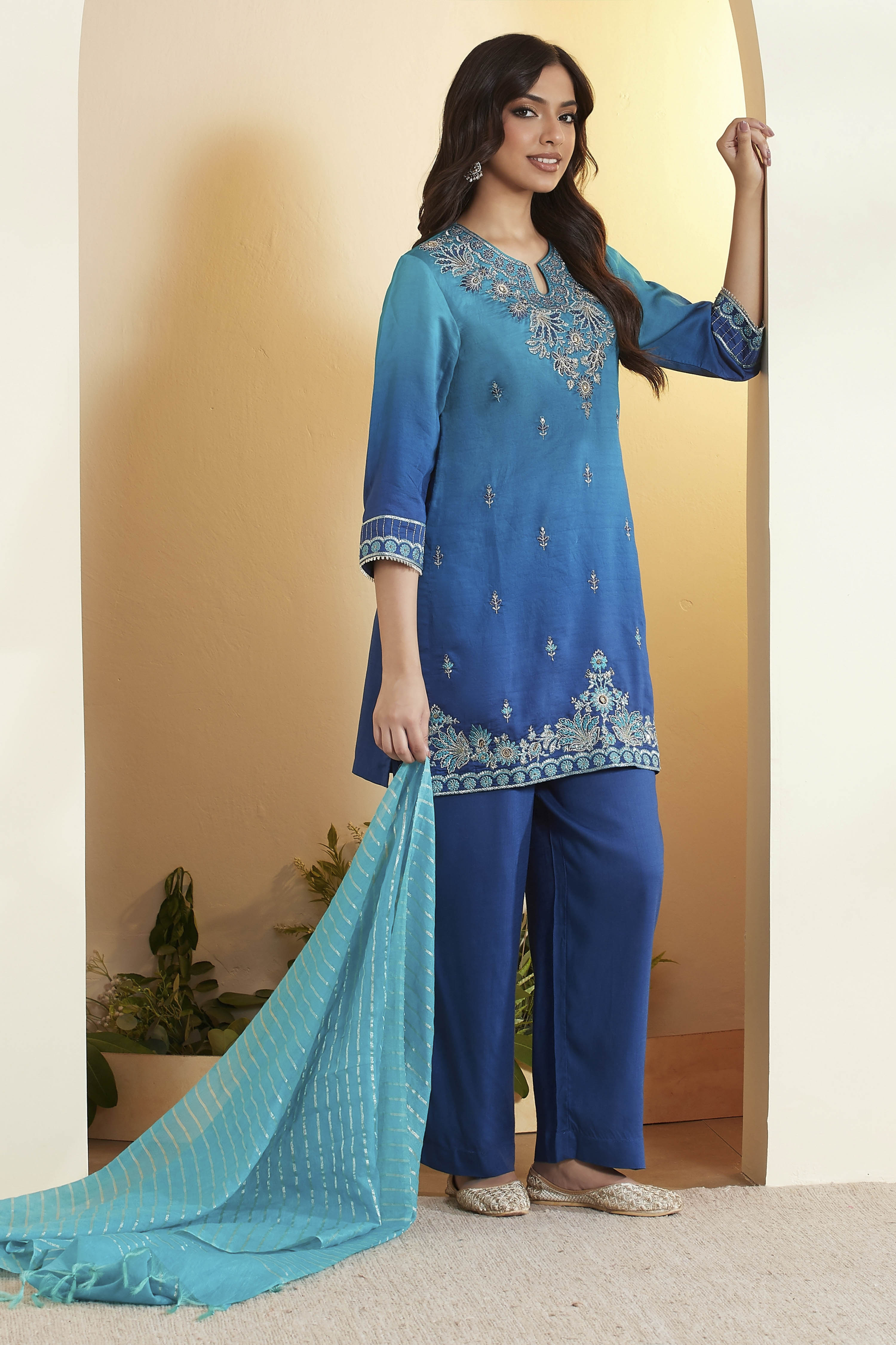 Blue Viscose Rayon Embroidered Straight Kurta Set image number 0