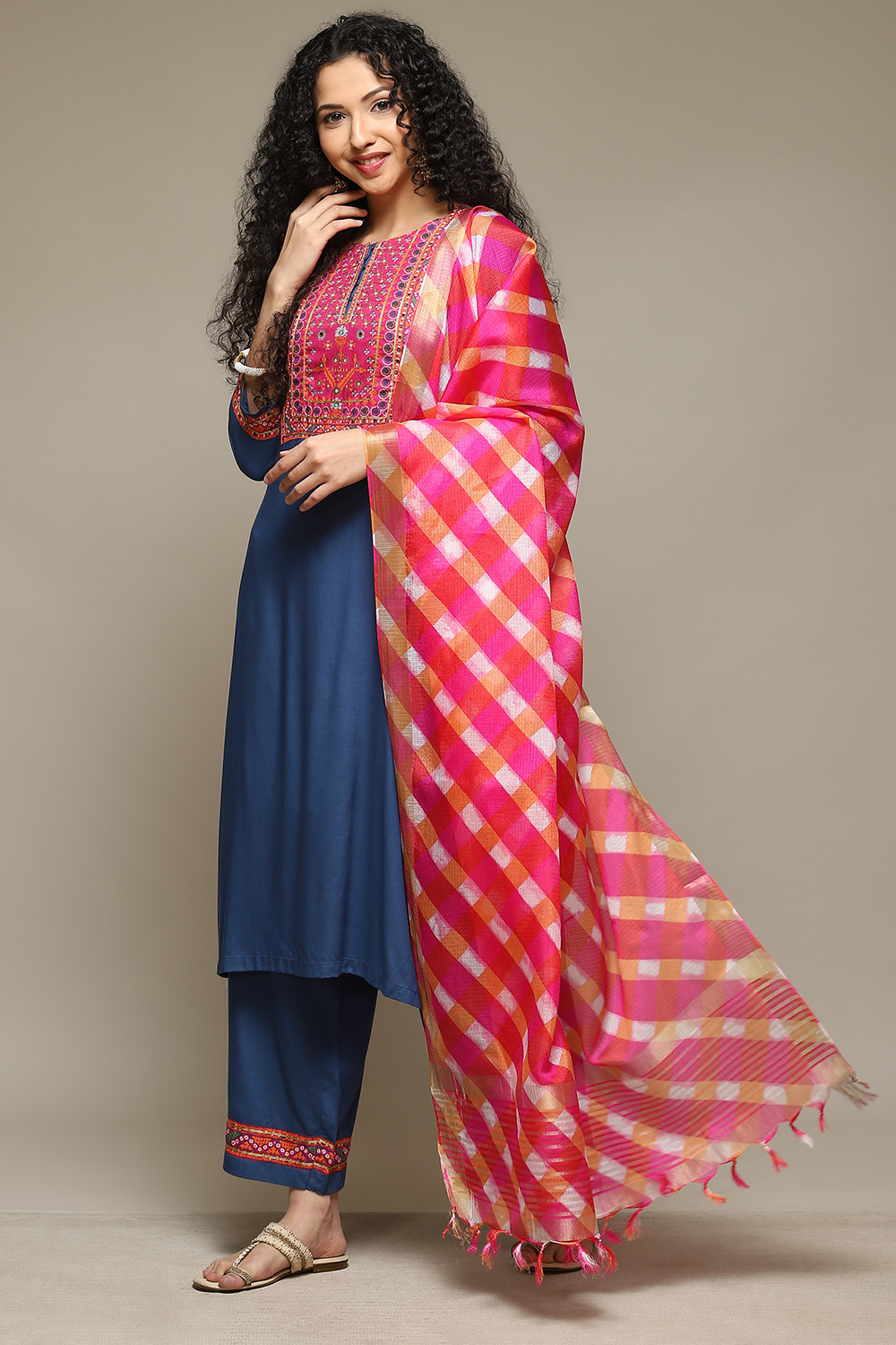 Off White & Blue Rayon Straight Kurta Palazzo Suit Set image number 0