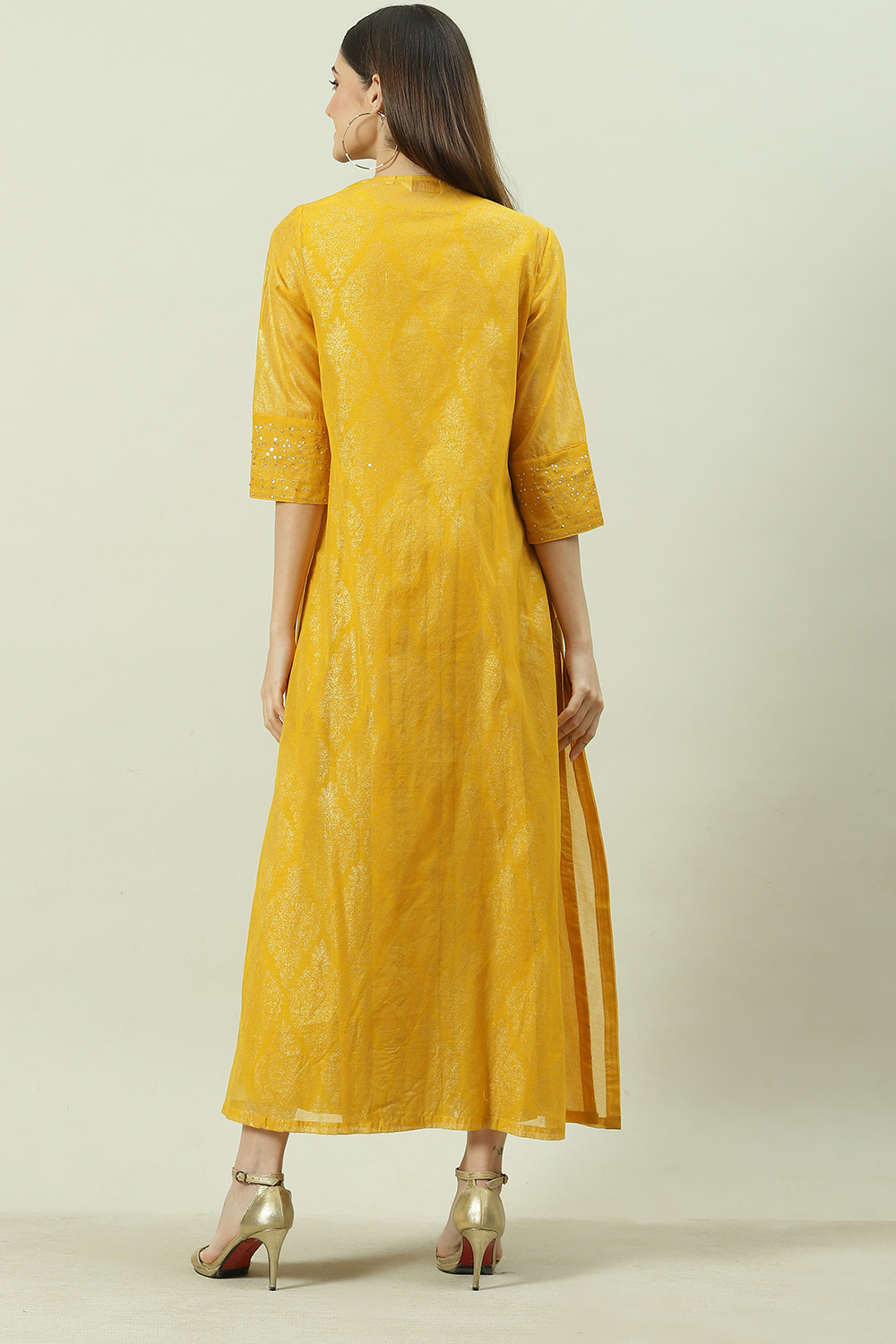 Mustard Art Silk Flared with Cape Dress image number 4