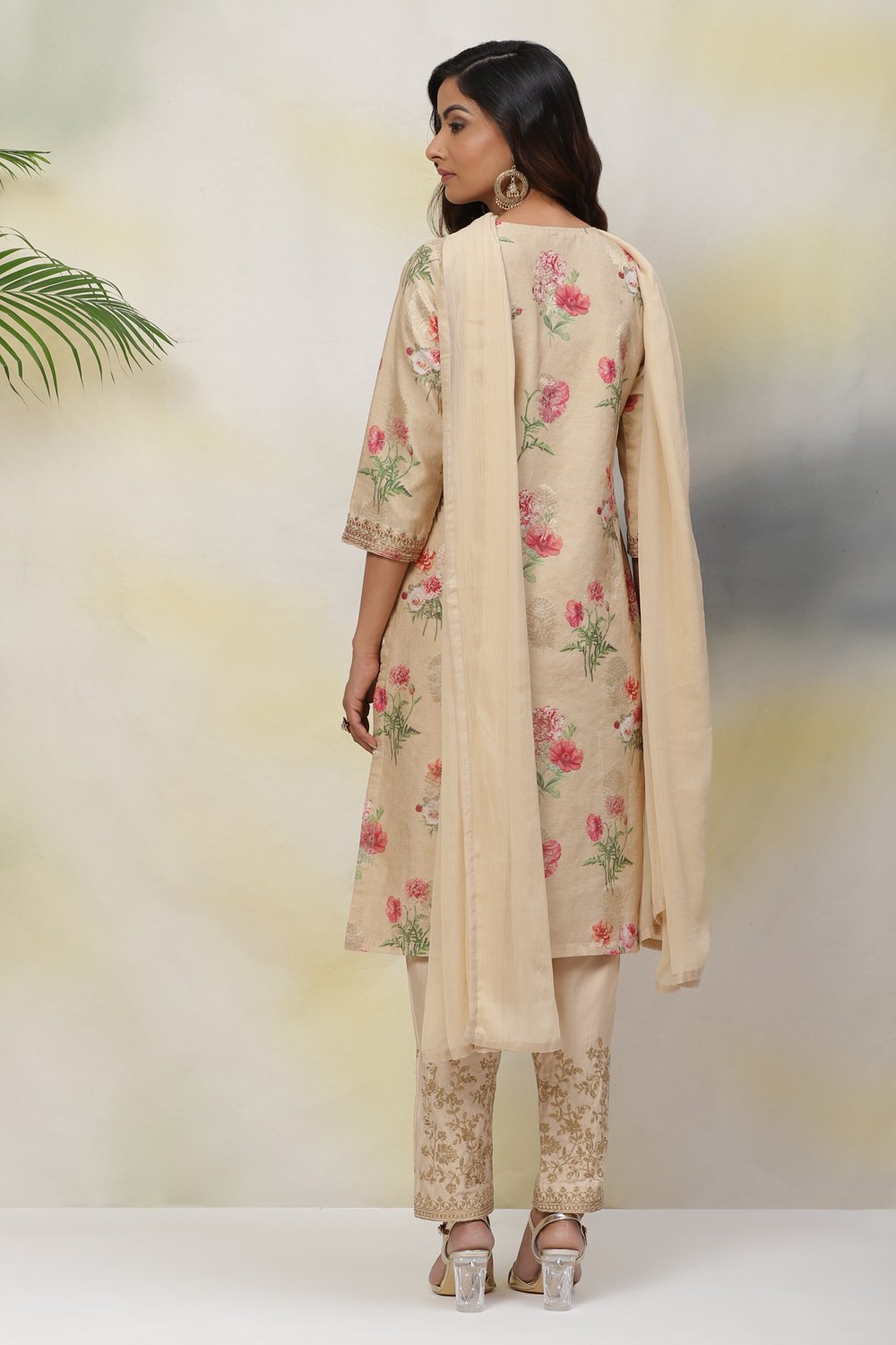 Beige Poly Metallic Cotton Straight Suit Set image number 7
