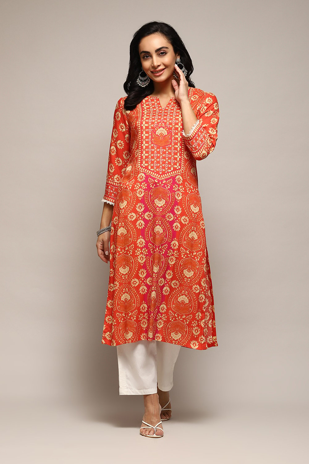 Orange LIVA Straight Printed Kurta image number 5