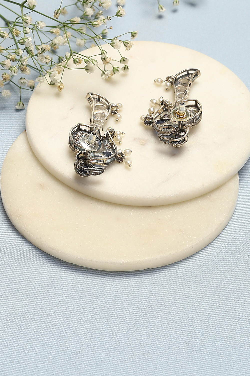 Oxidised Blue & White Brass Earrings image number 2