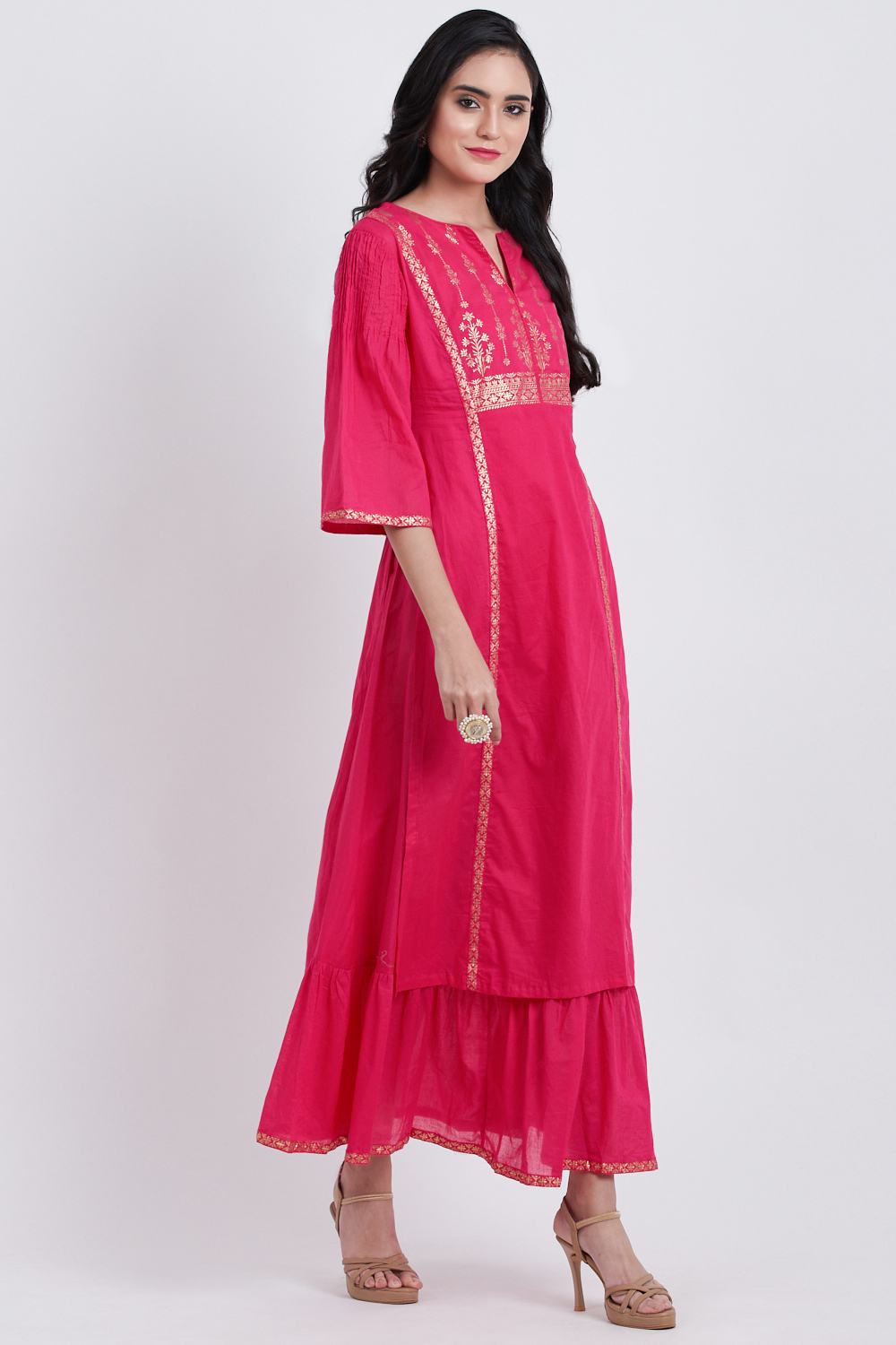 Green Cotton Flared Printed Kurta image number 4