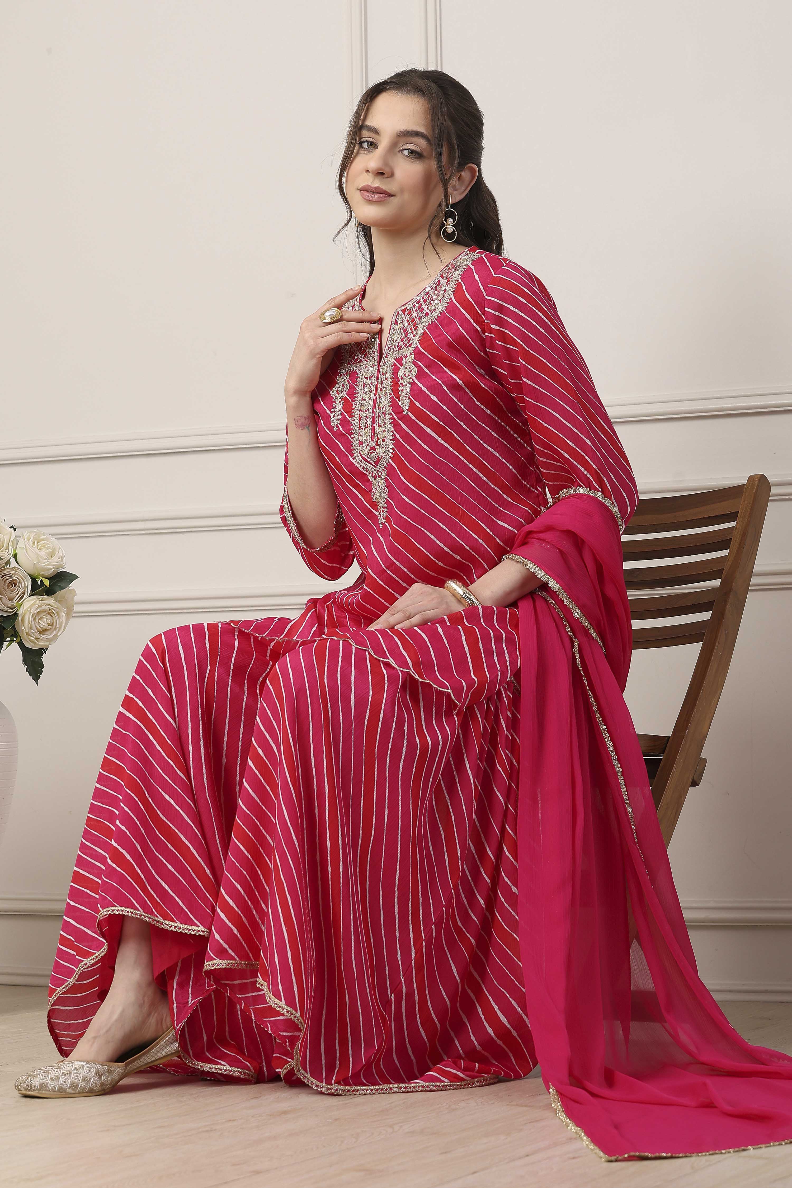 Pink Striped Yoke Design Straight Suit Set image number 0
