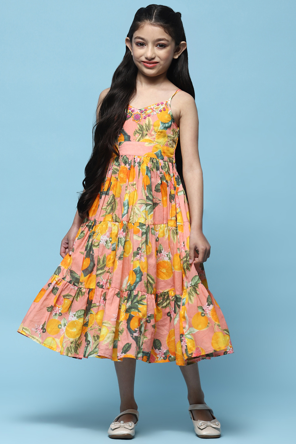 Yellow Printed Strappy Cotton Tiered Dress at Biba India