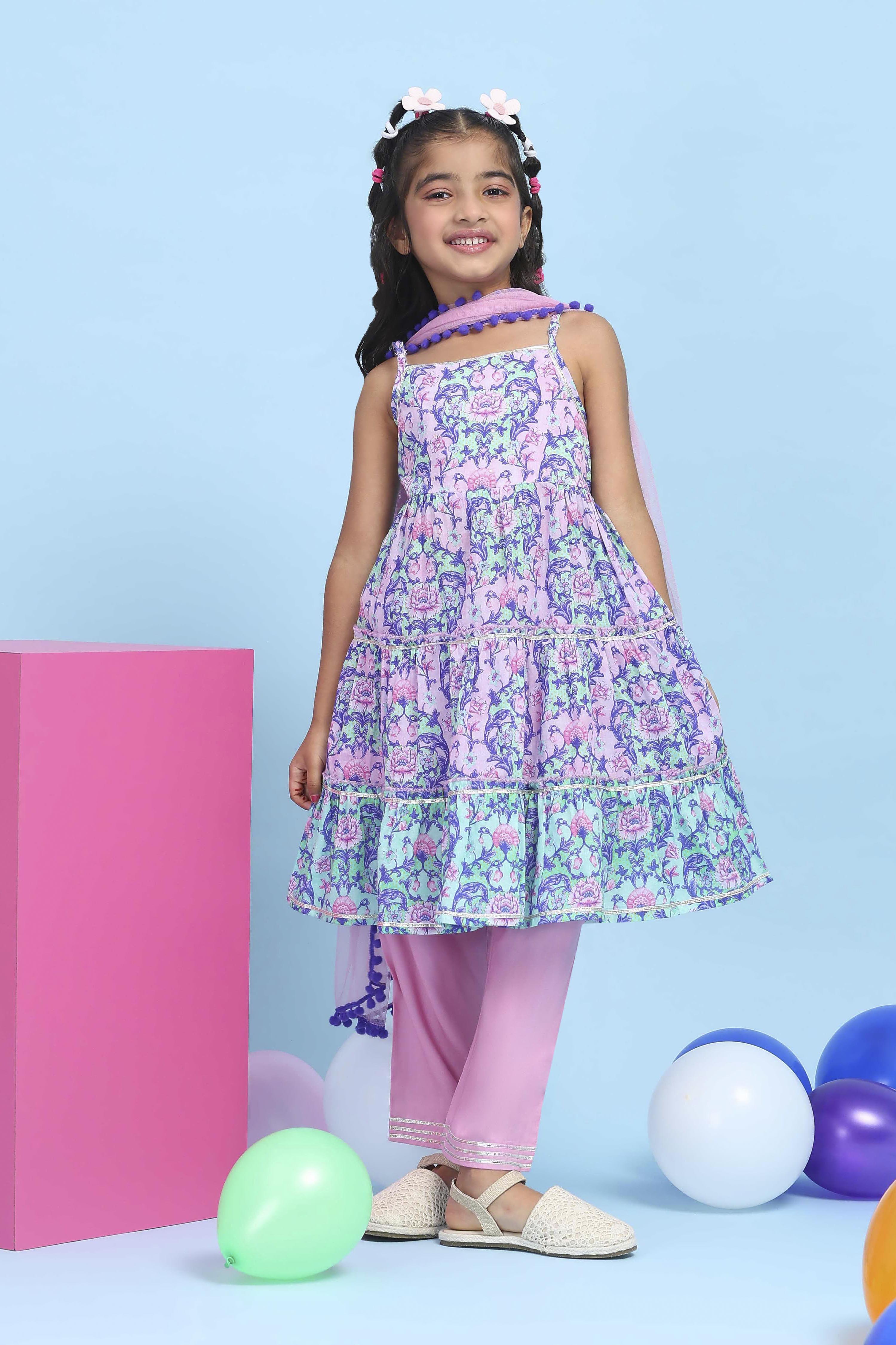 Pink Cotton Printed Tiered Suit Set image number 6