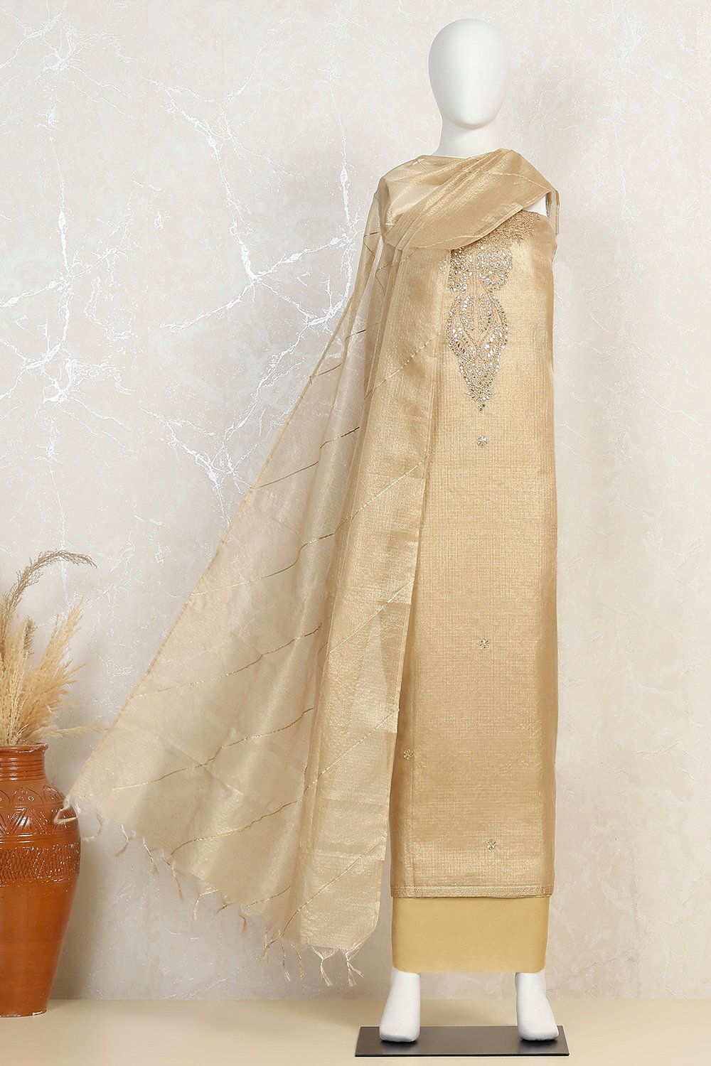 Peach-Toned Tissue Embroidered Unstitched Suit Set image number 4
