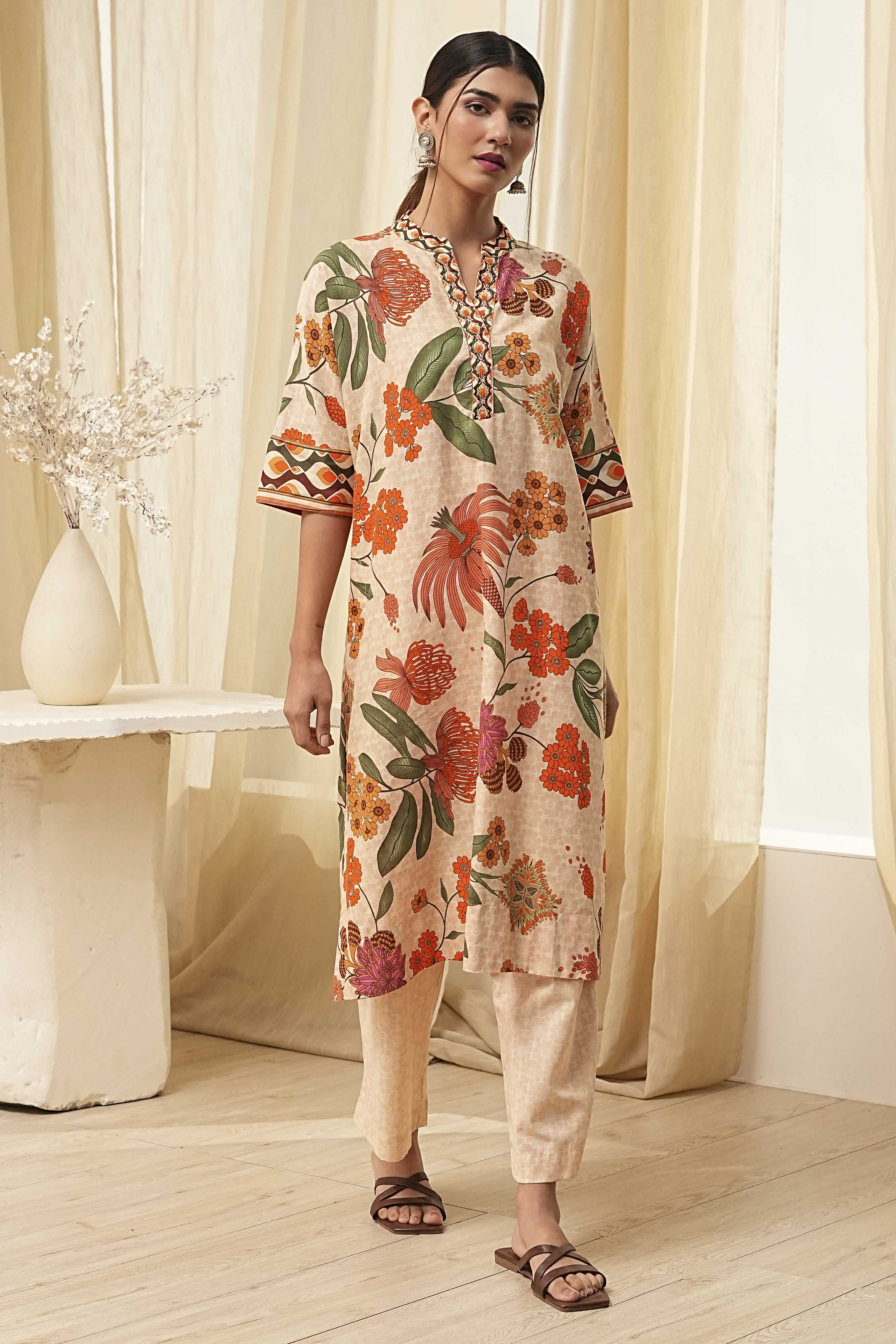 Beige Cotton Blend Straight Kurta Set image number 6