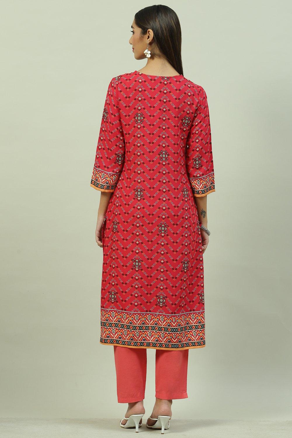 Red & Green LIVA Straight Printed Kurta image number 4