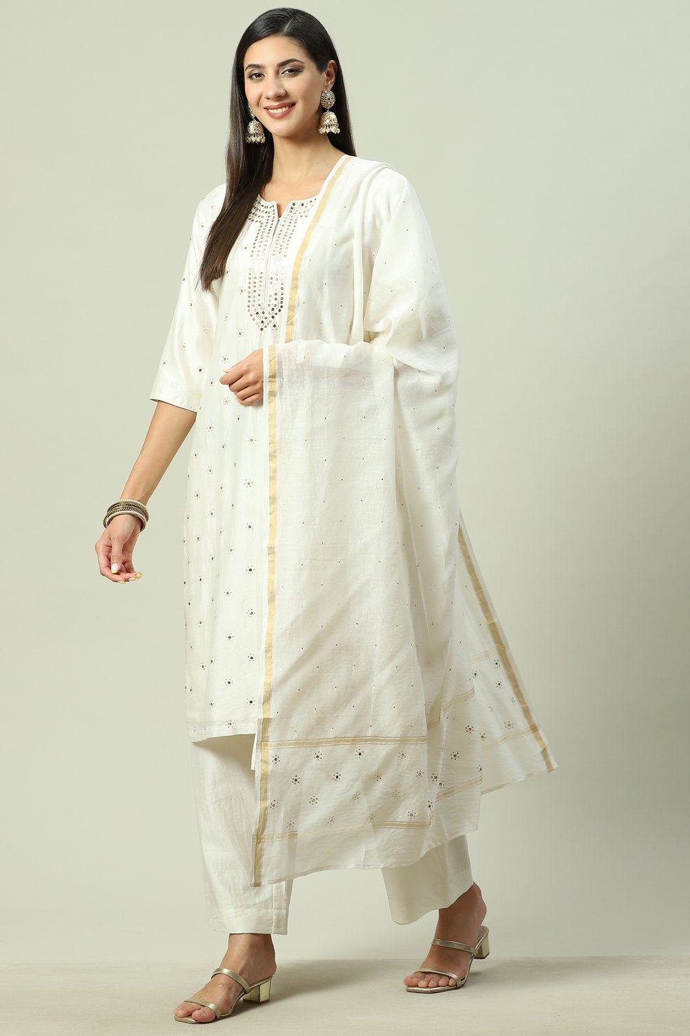 Off White Cotton Silk Straight Kurta Palazzo Suit Set image number 5