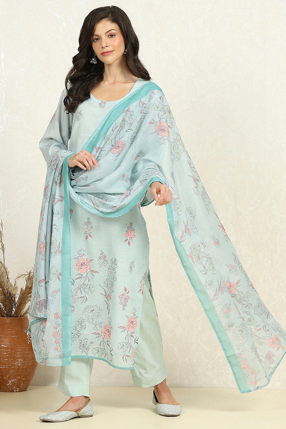 Sea Green Linen Unstitched Suit Set image number 1