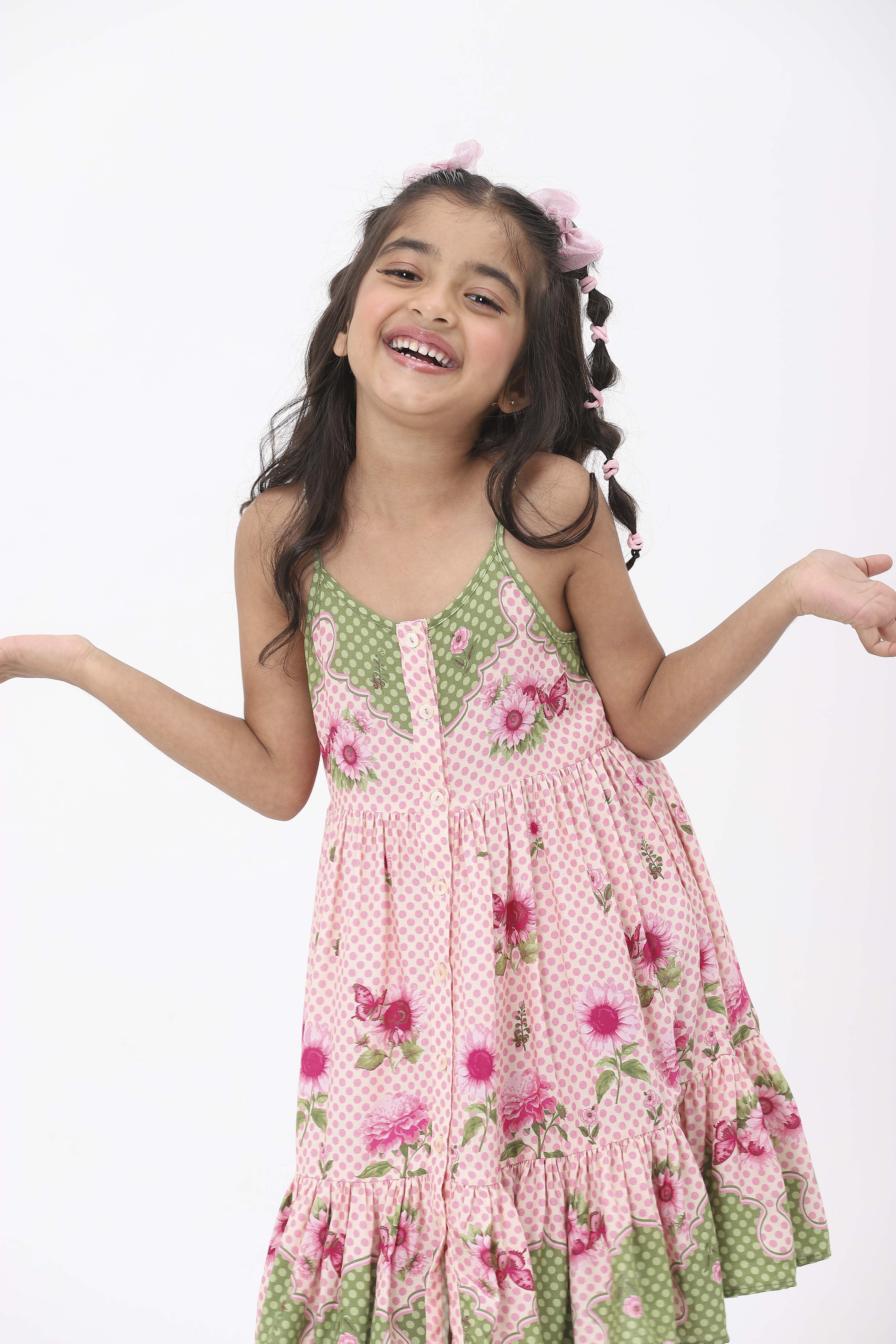 Pink Viscose Rayon Printed Tiered Dress image number 5