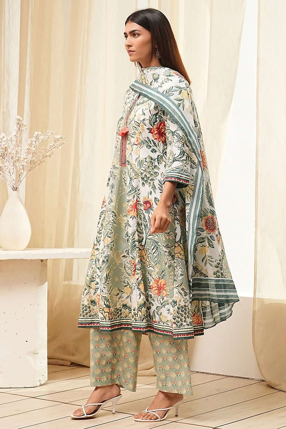 Sage Green Pure Cotton Floral Kalidar Suit Set image number 3