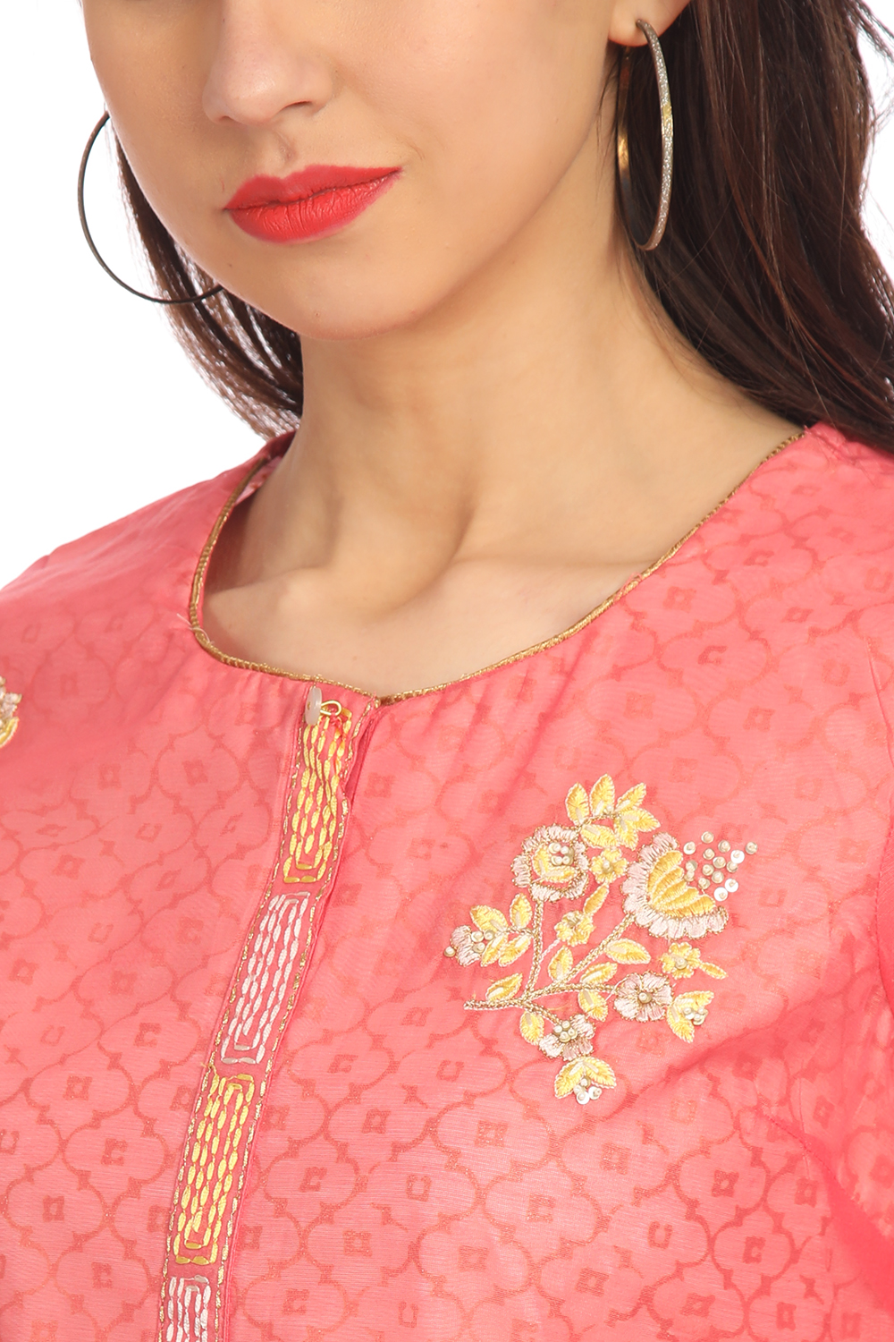 Coral A-Line Art Silk Yarndyed Kurta image number 1